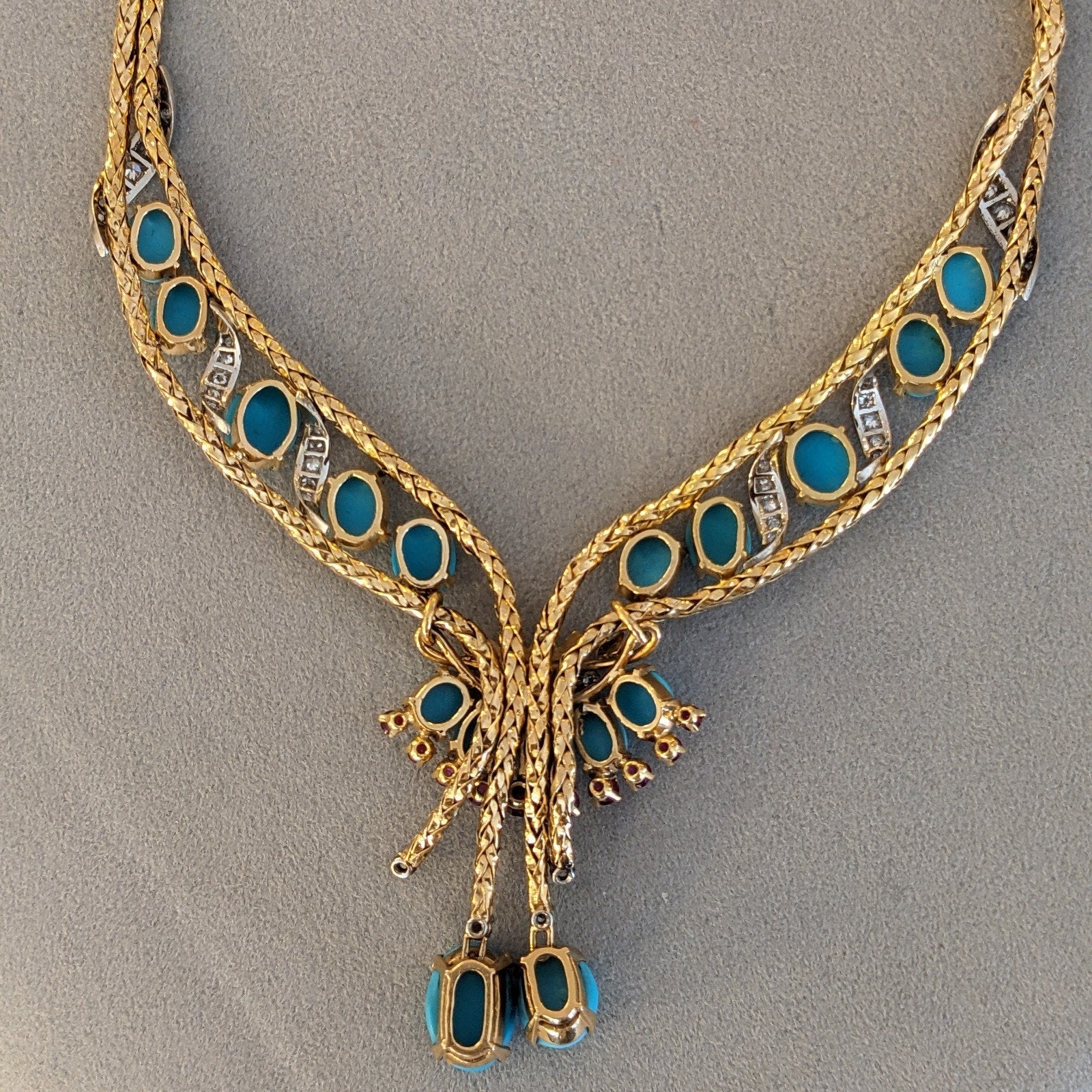FRENCH Turquoise, Ruby, Diamond Necklace in 18k Yellow Gold / Platinum