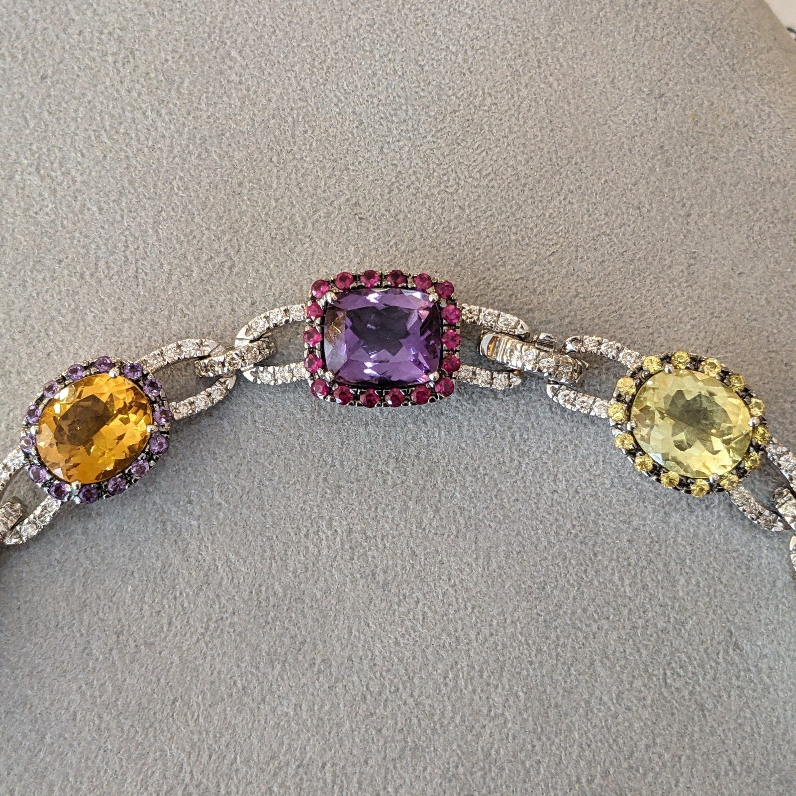Multi-Color Gemstone Necklace with Diamonds in 18k White Gold