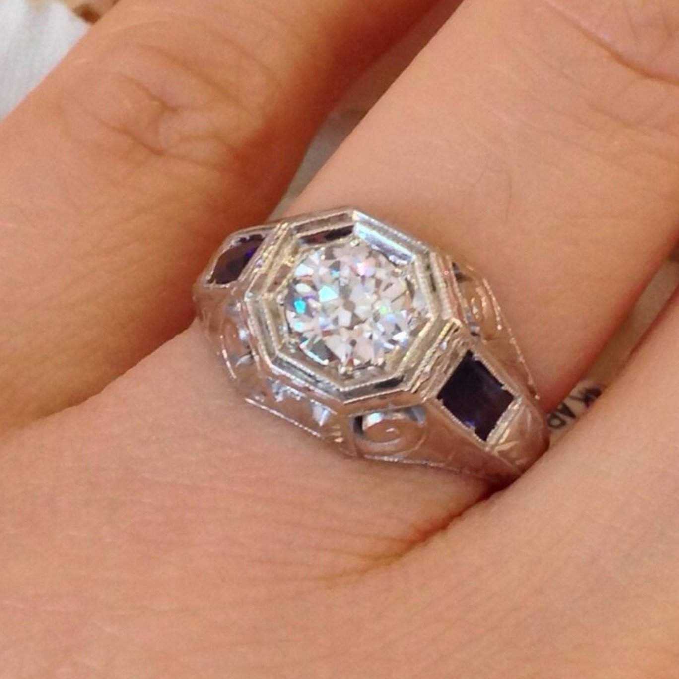 Vintage 0.85 ct Old European Diamond and Sapphire ring 14k White Gold