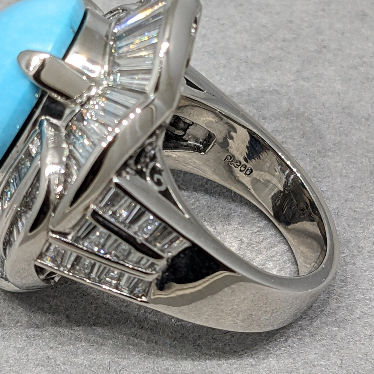 Large Turquoise and Baguette Diamond Cocktail Ring in Platinum