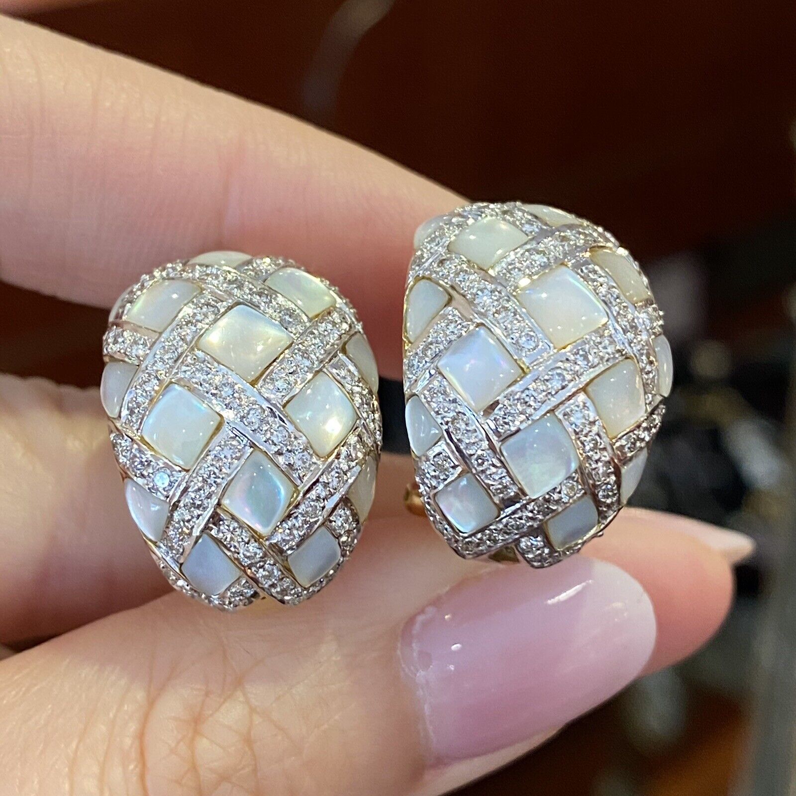 Diamond and Mother-of-Pearl Checkerboard Earrings in 18k White Gold