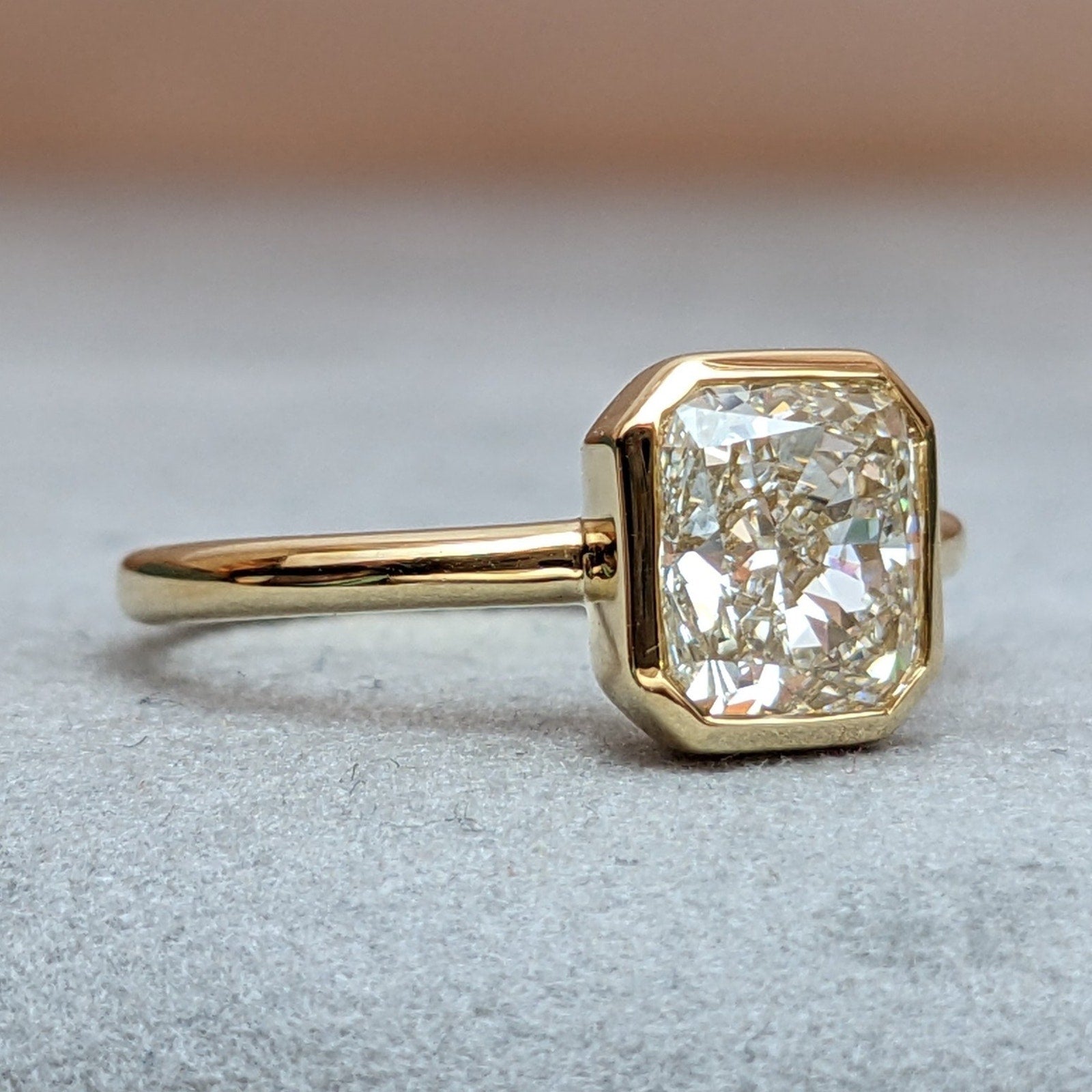 GIA Bezel Set Natural Cushion Diamond Ring in 18k Yellow Gold