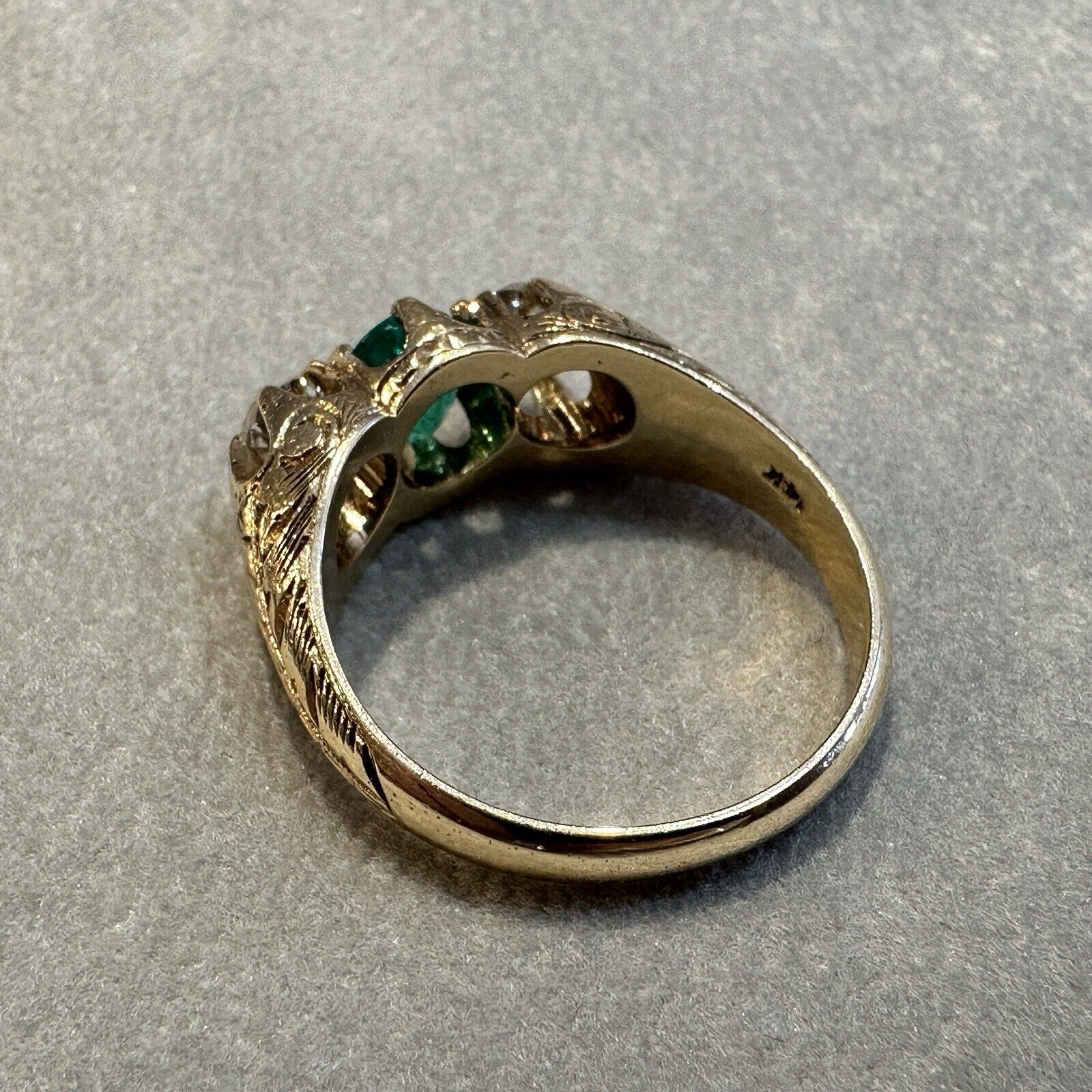 Estate Emerald & Diamond Three Stone Ring in 14k Yellow Gold