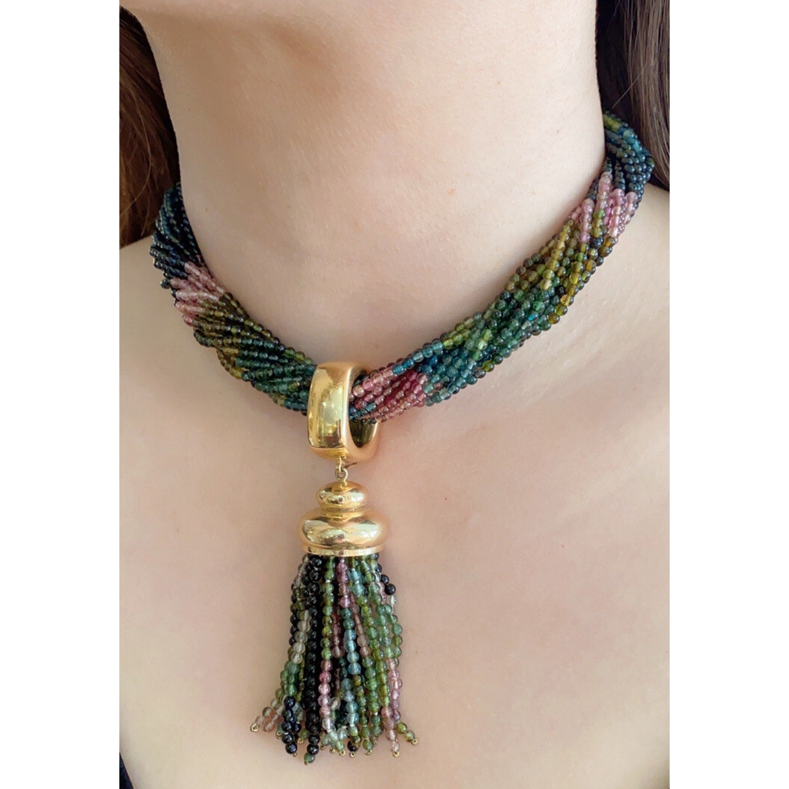 Multi-Strand Tourmaline Bead Necklace Detachable Tassel 18k Yellow Gold