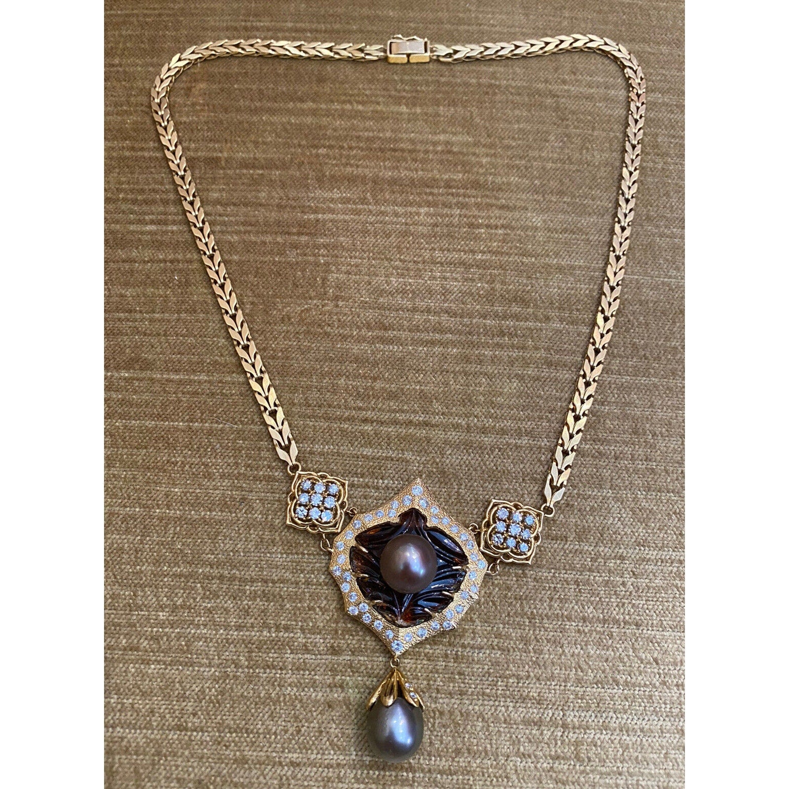 Vintage Black Pearls, Tourmaline and Diamond in 18k Yellow Gold -- HM1700AS