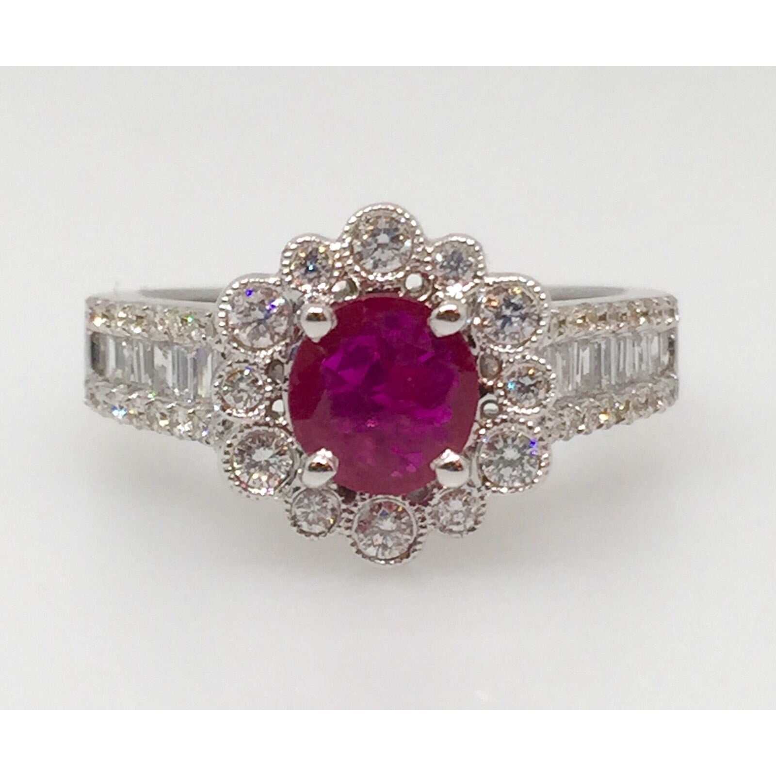 Ruby and Diamond Halo Ring 1.43 cttw in 18K White Gold