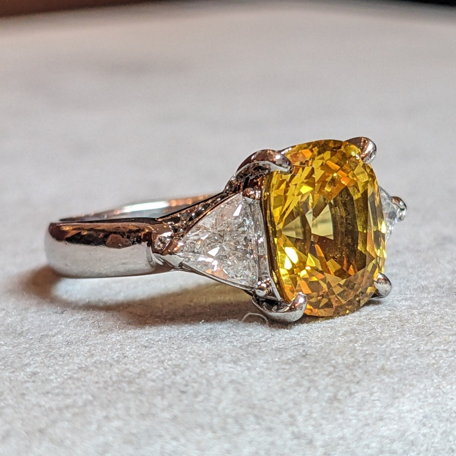GIA 6.50cts Cushion Yellow Sapphire & Diamond 3-Stone Ring in Platinum