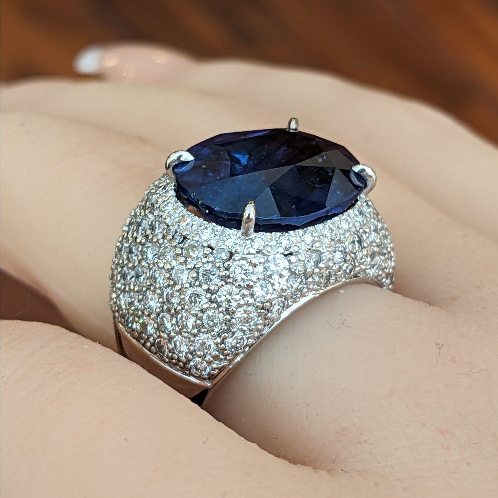 GIA 13.04 carat Oval Ceylon Sapphire & Diamond Ring in 18k White Gold