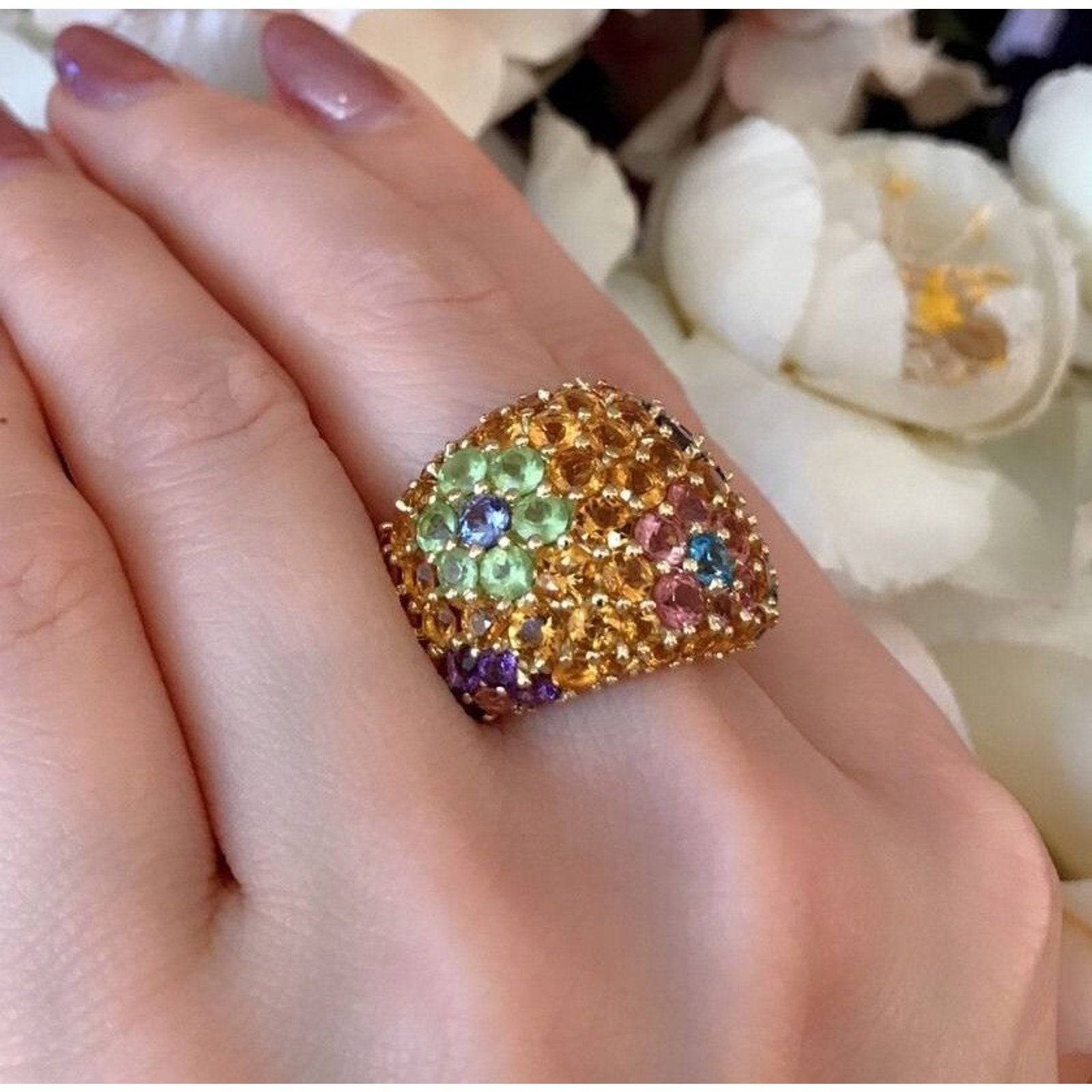 Wide Citrine-Peridot-Amethyst Flower Ring in 18k Yellow Gold