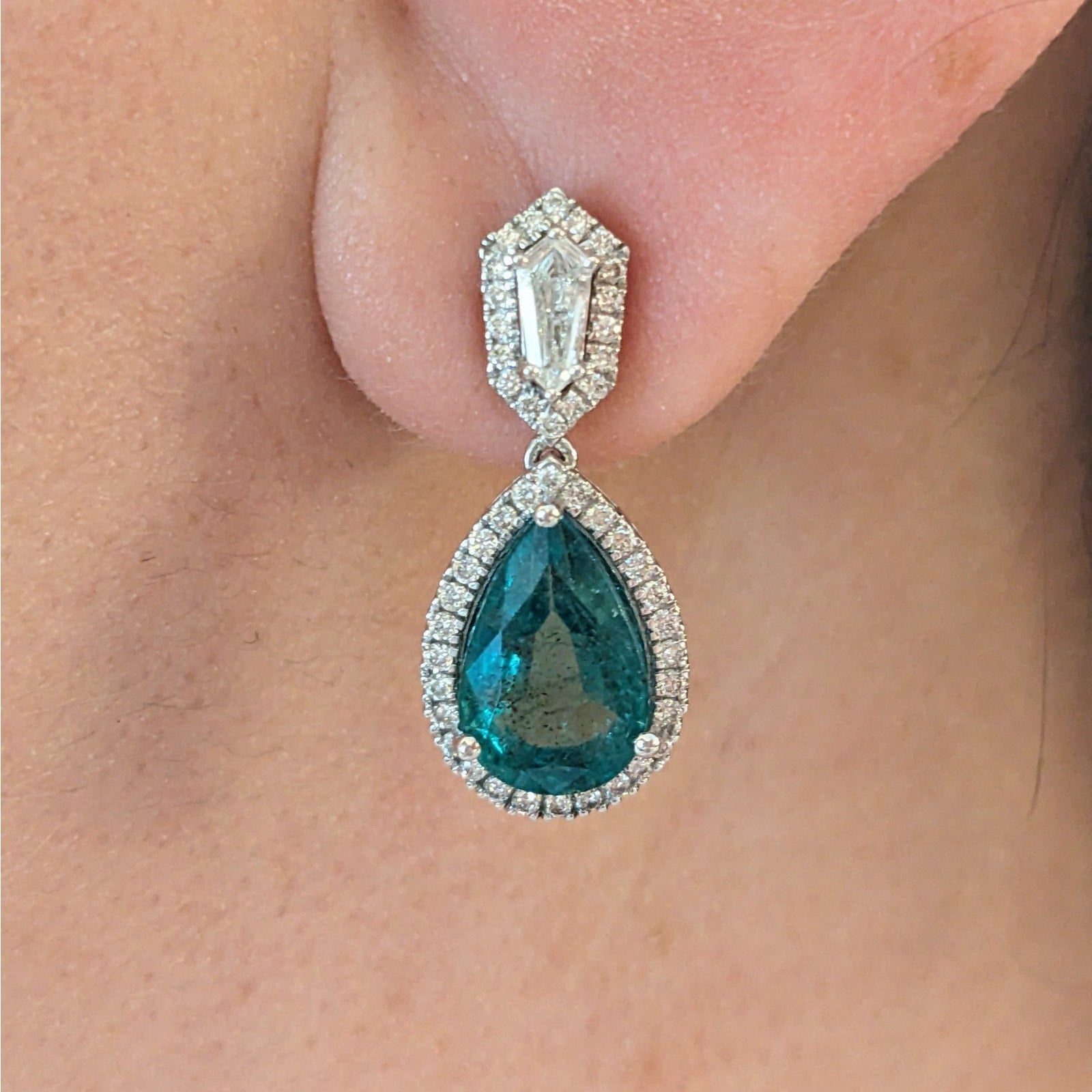 Pear Emerald and Diamond Drop Earrings in 18k White Gold