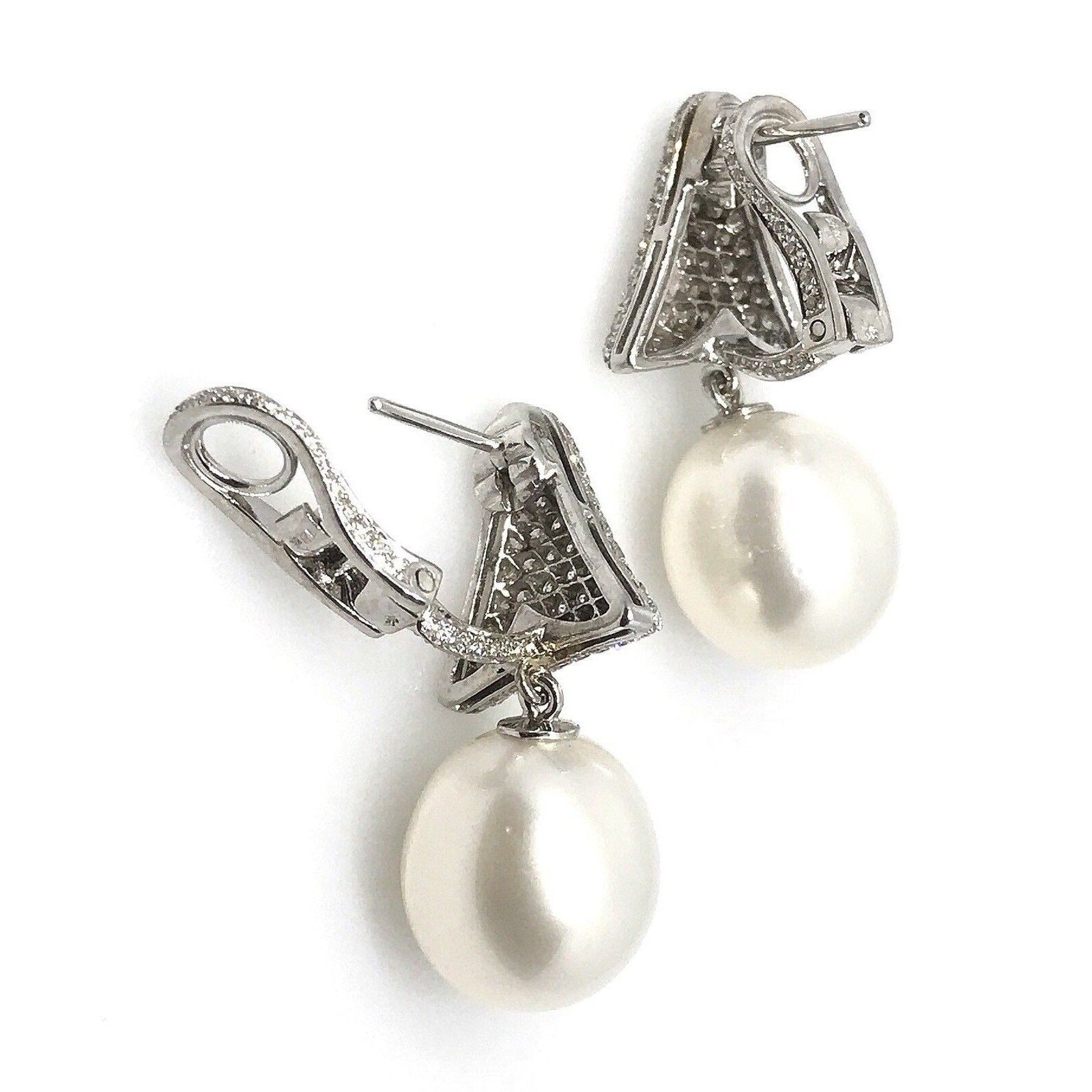 South Sea Pearl and Pave Diamond Drop Earrings in 18k White Gold