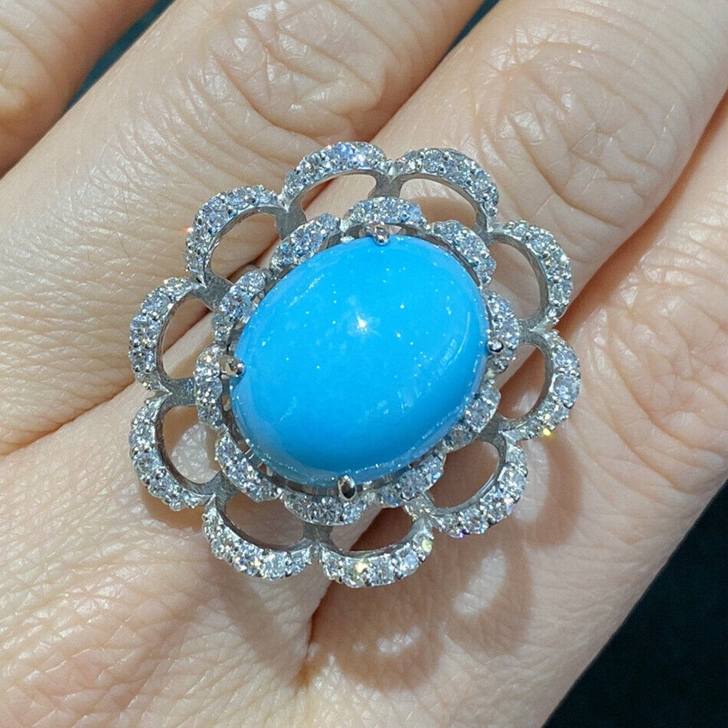 Turquoise and Diamond Flower Cocktail Ring in Platinum