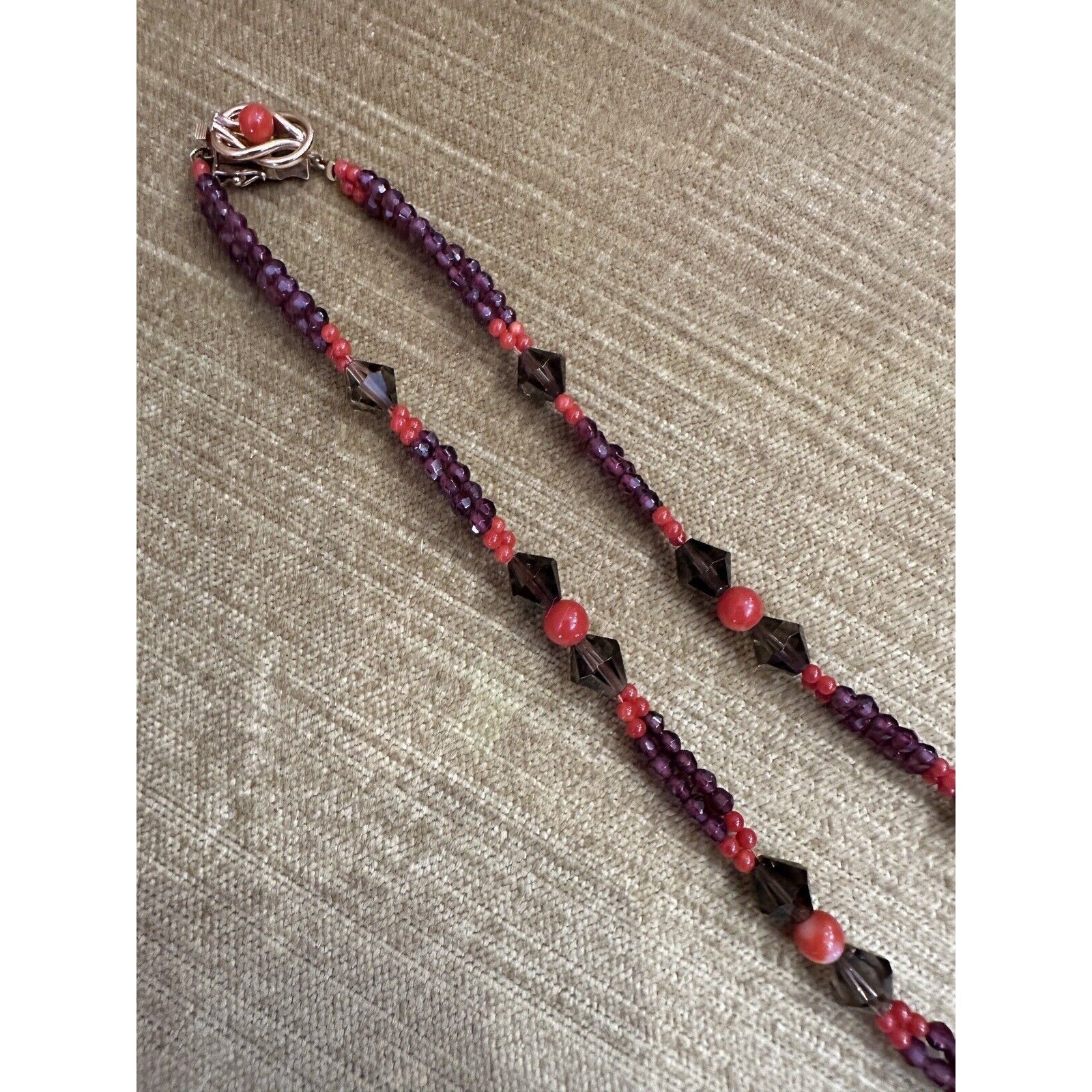 Coral, Garnet and Quartz Bead Necklace in 14k Yellow Gold