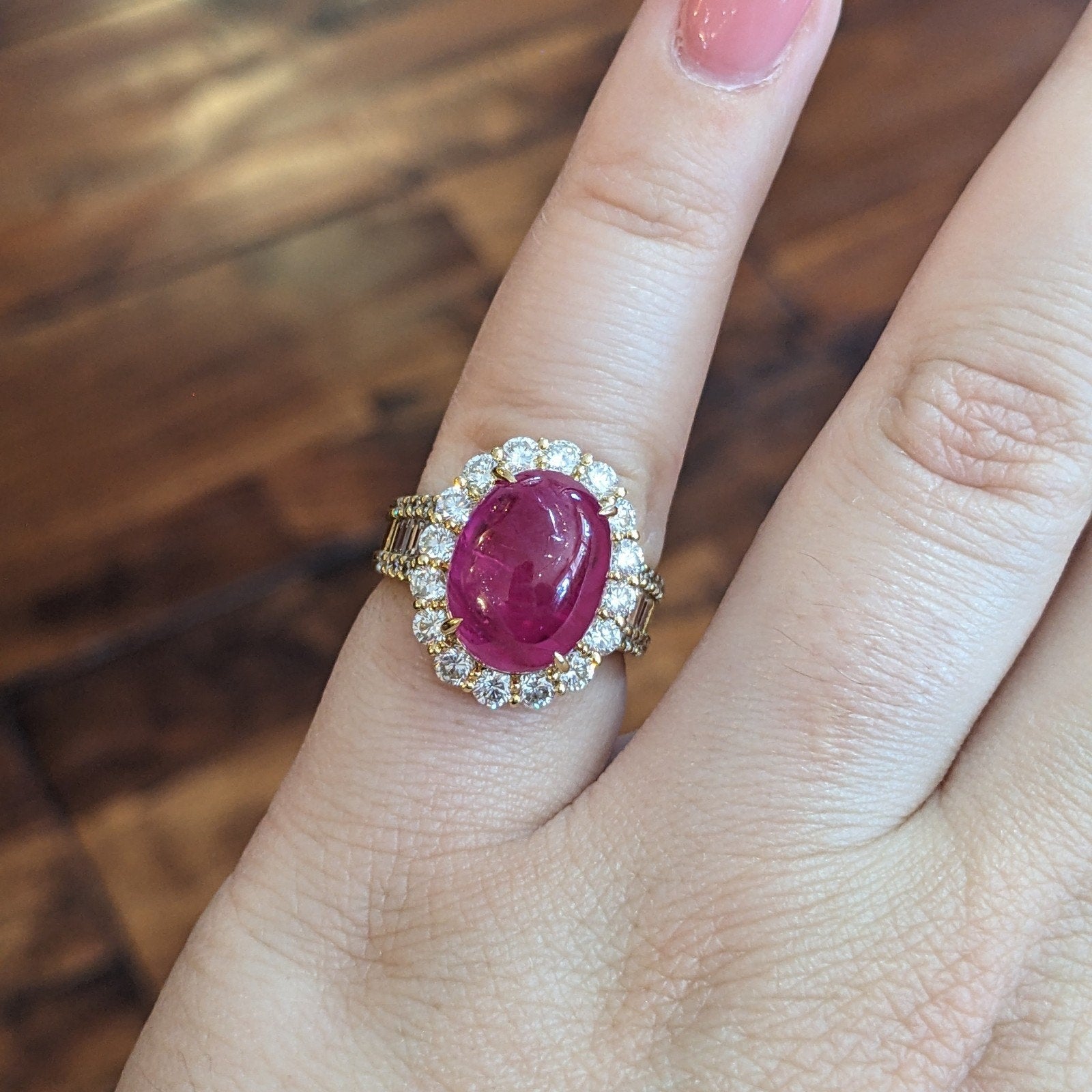 GIA Burma Cabochon Ruby 13.60 ct and Diamond Ring in 18k Yellow Gold