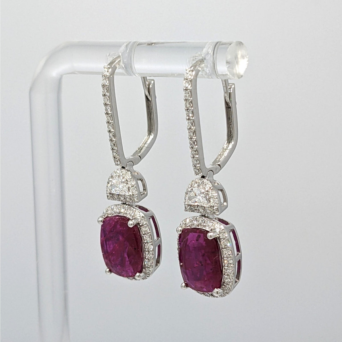 GIA Unheated Cushion Ruby & Diamond Drop Earrings in 18k White Gold