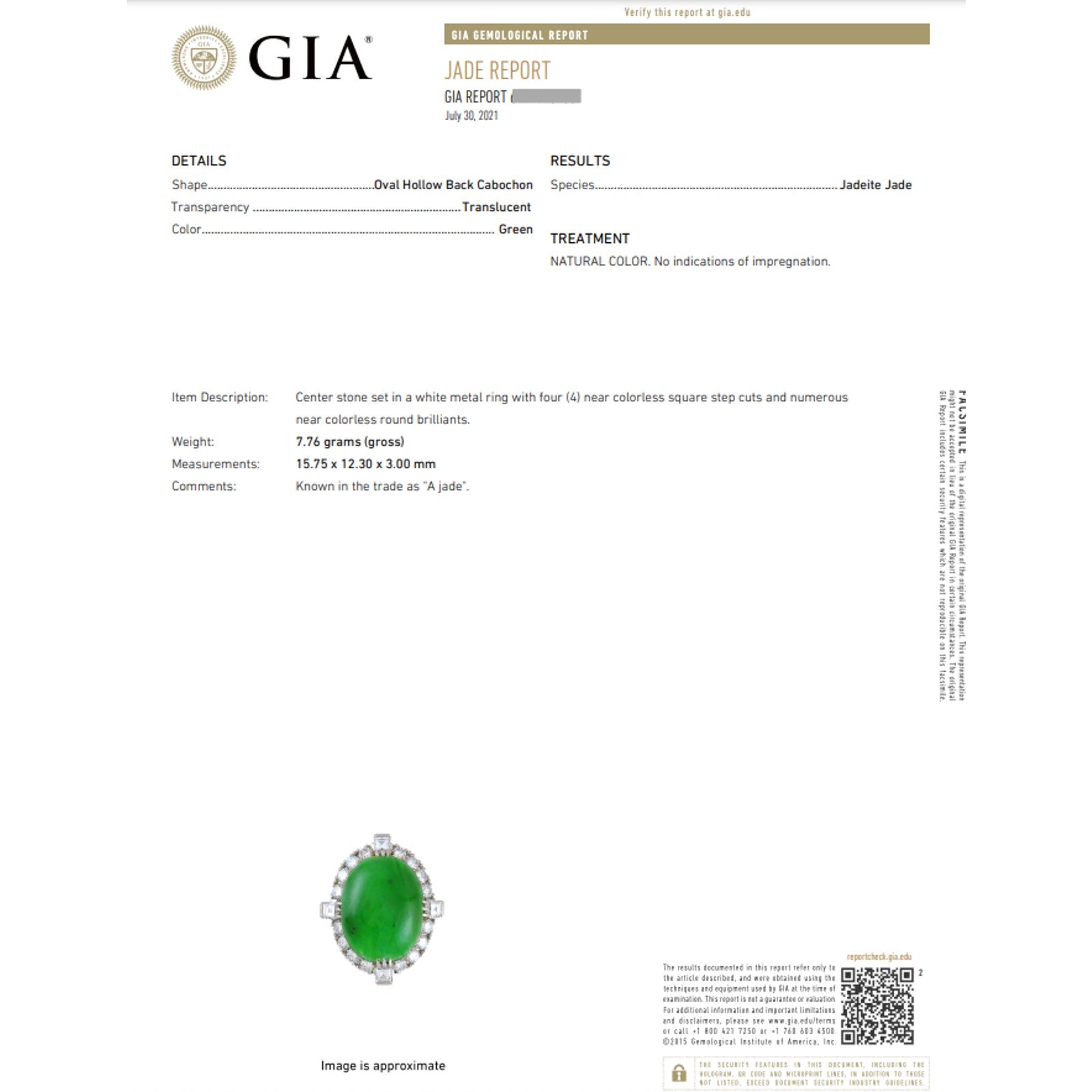 GIA Untreated Jade Oval Cabochon and Diamond Vintage Platinum Ring - HM2258AE