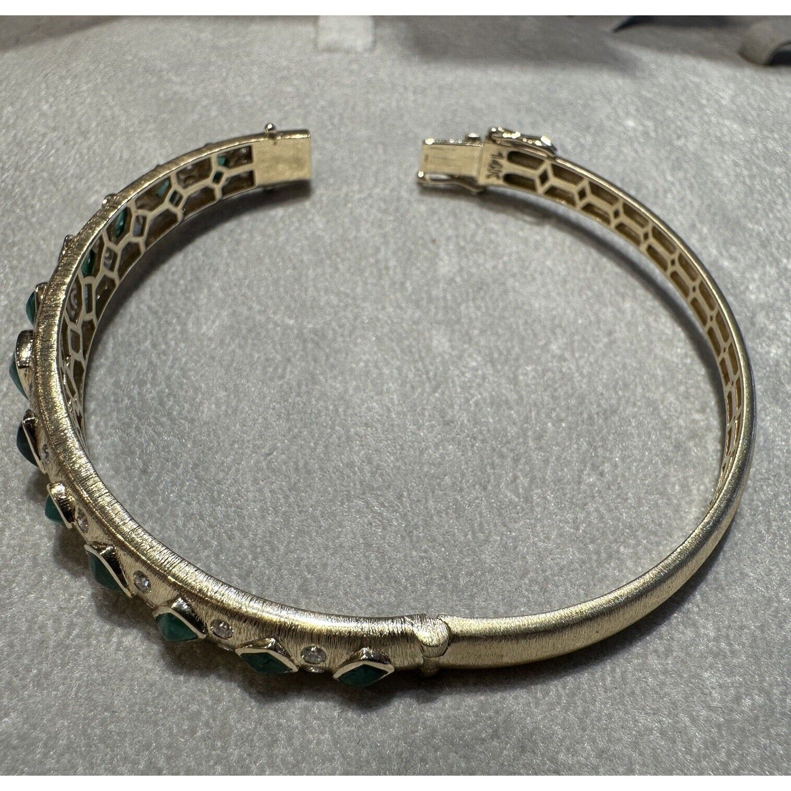 Natural Emerald & Diamond Bangle Bracelet in Textured 14k Yellow Gold - HM2626A