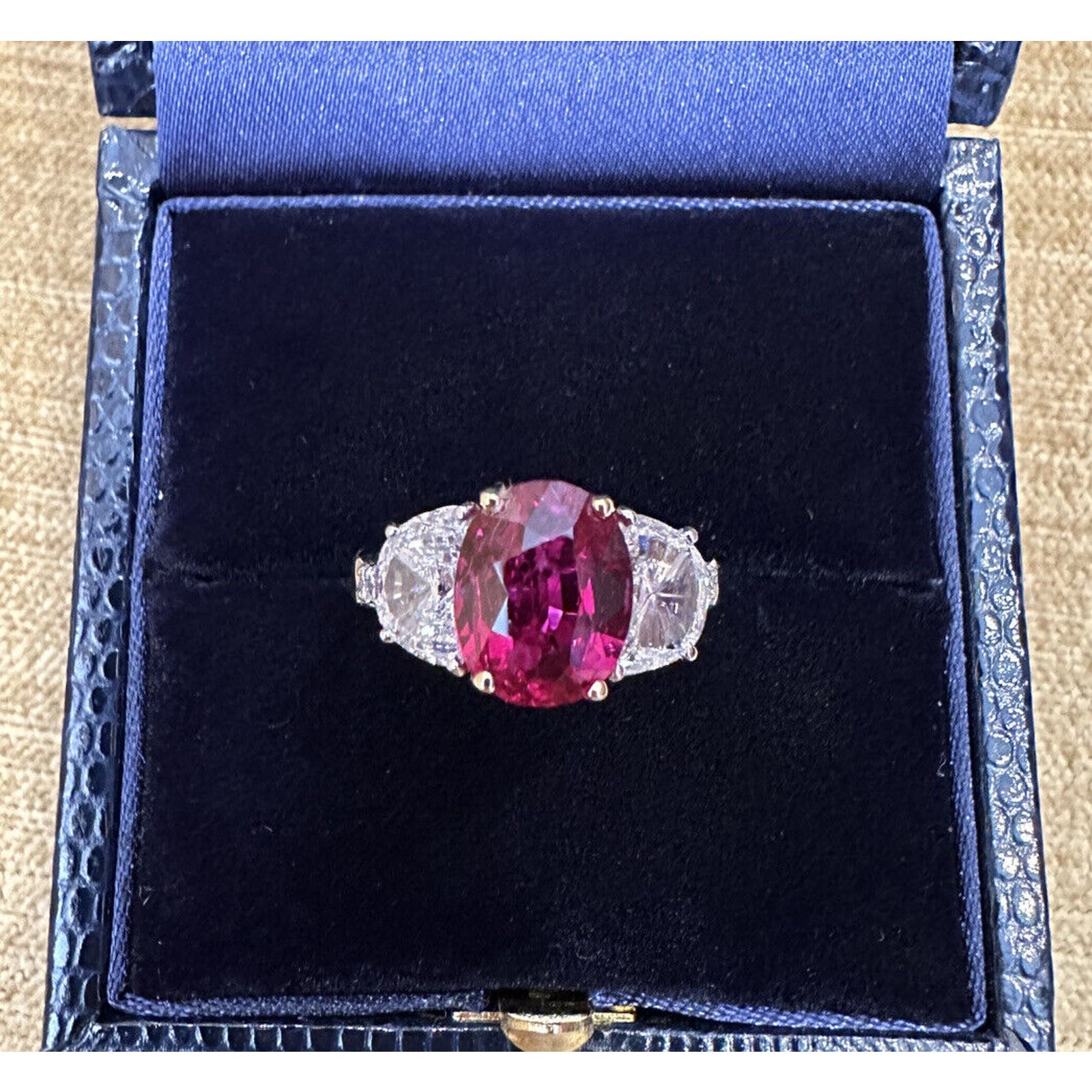 AGL 3.03 ct Oval Unheated Ruby & Diamond 3 Stone Platinum & 18K Ring - HM2495SI