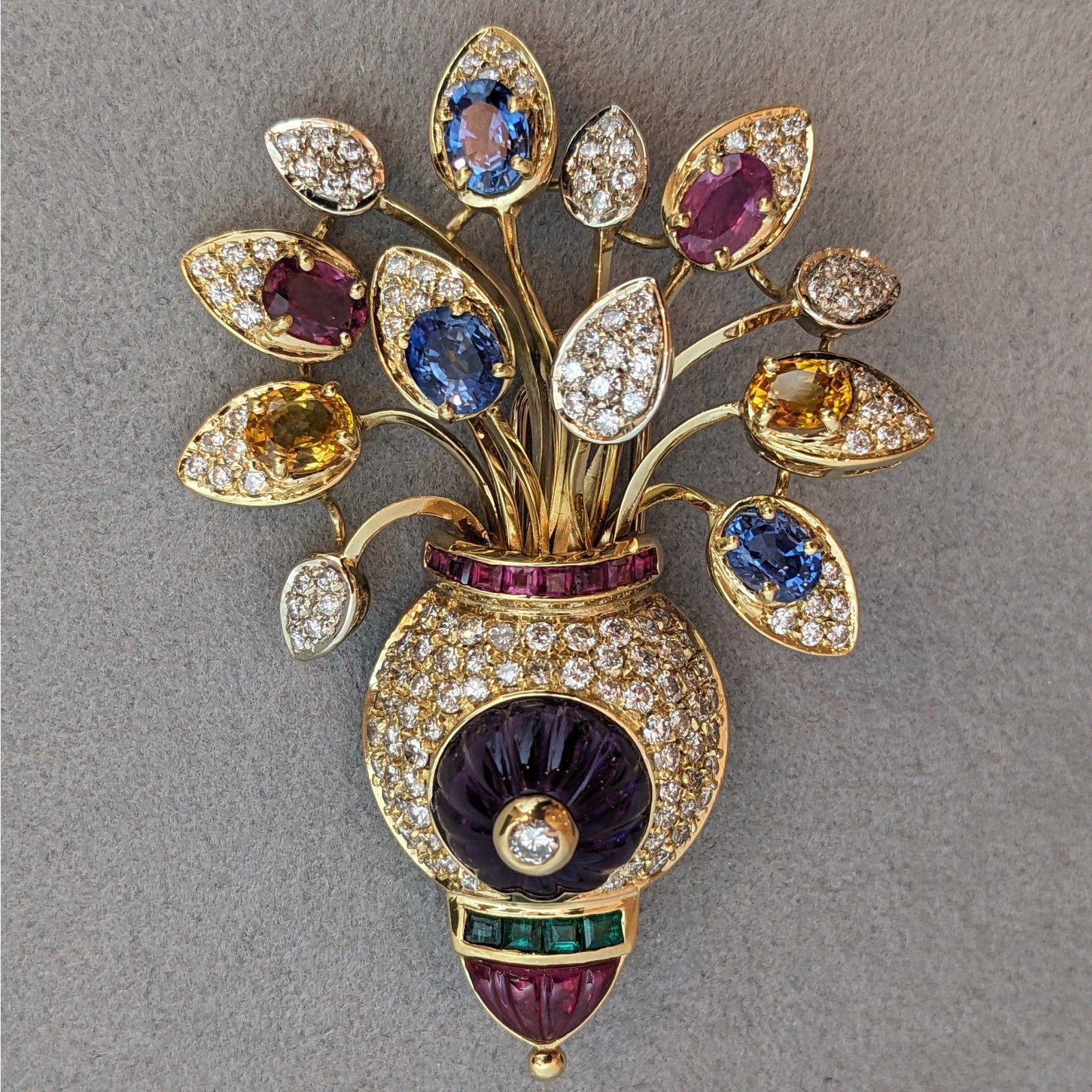 Multi-Gem Flower Pin with Diamonds and Amethyst in 18k Yellow Gold