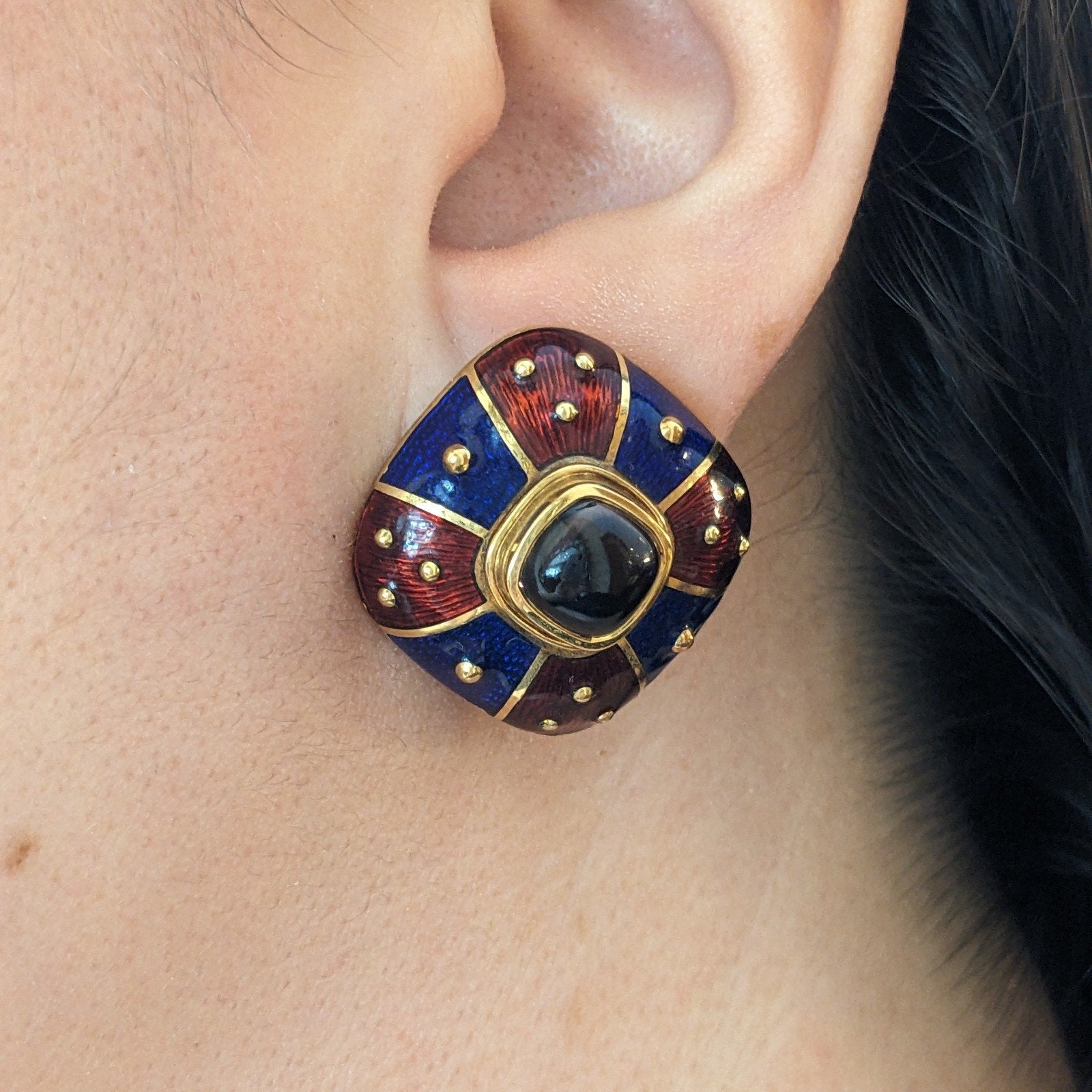 Mavito Enamel and Gemstone Button Earrings in 18k Yellow Gold