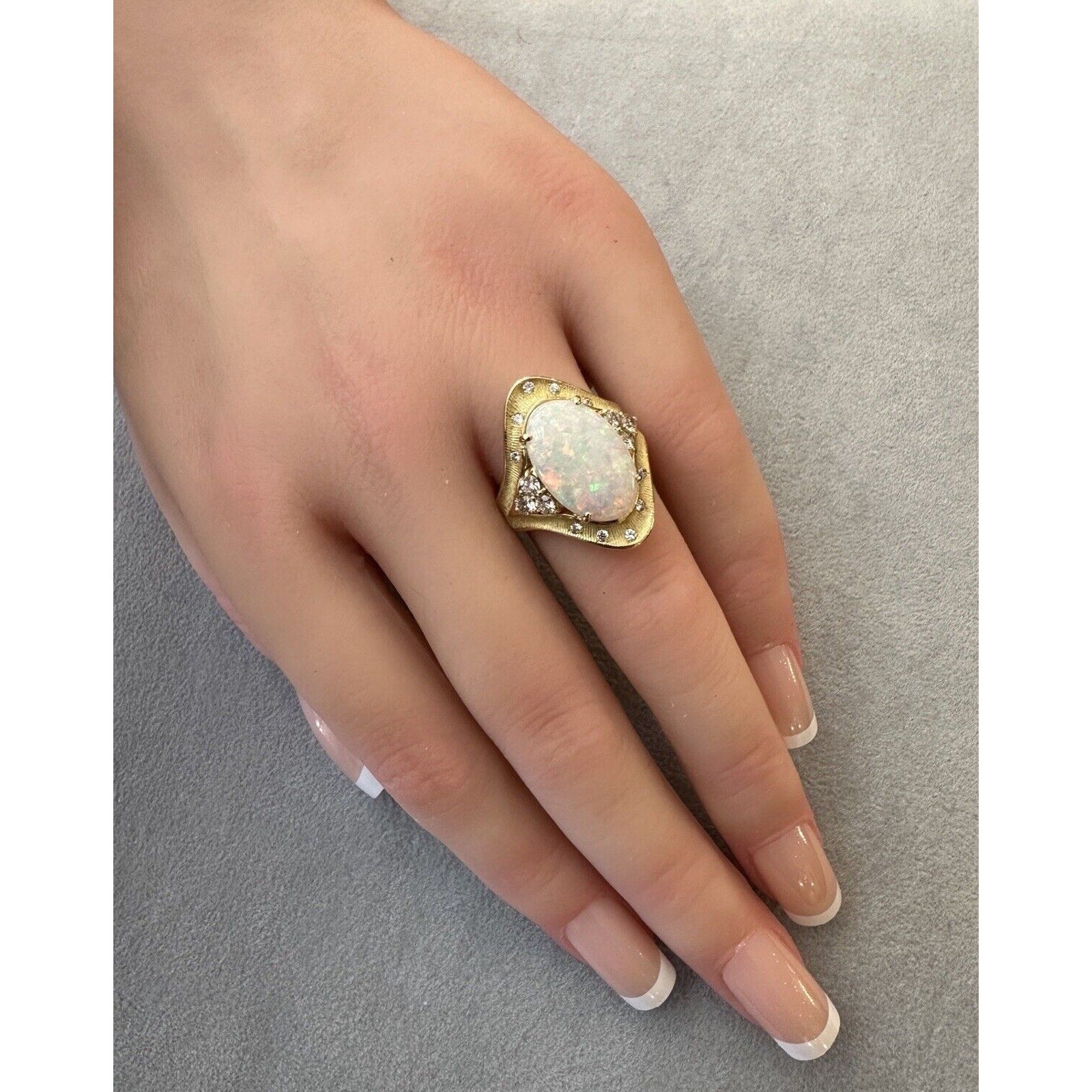 Natural Oval Opal & Diamond Ring in 18k Yellow Gold