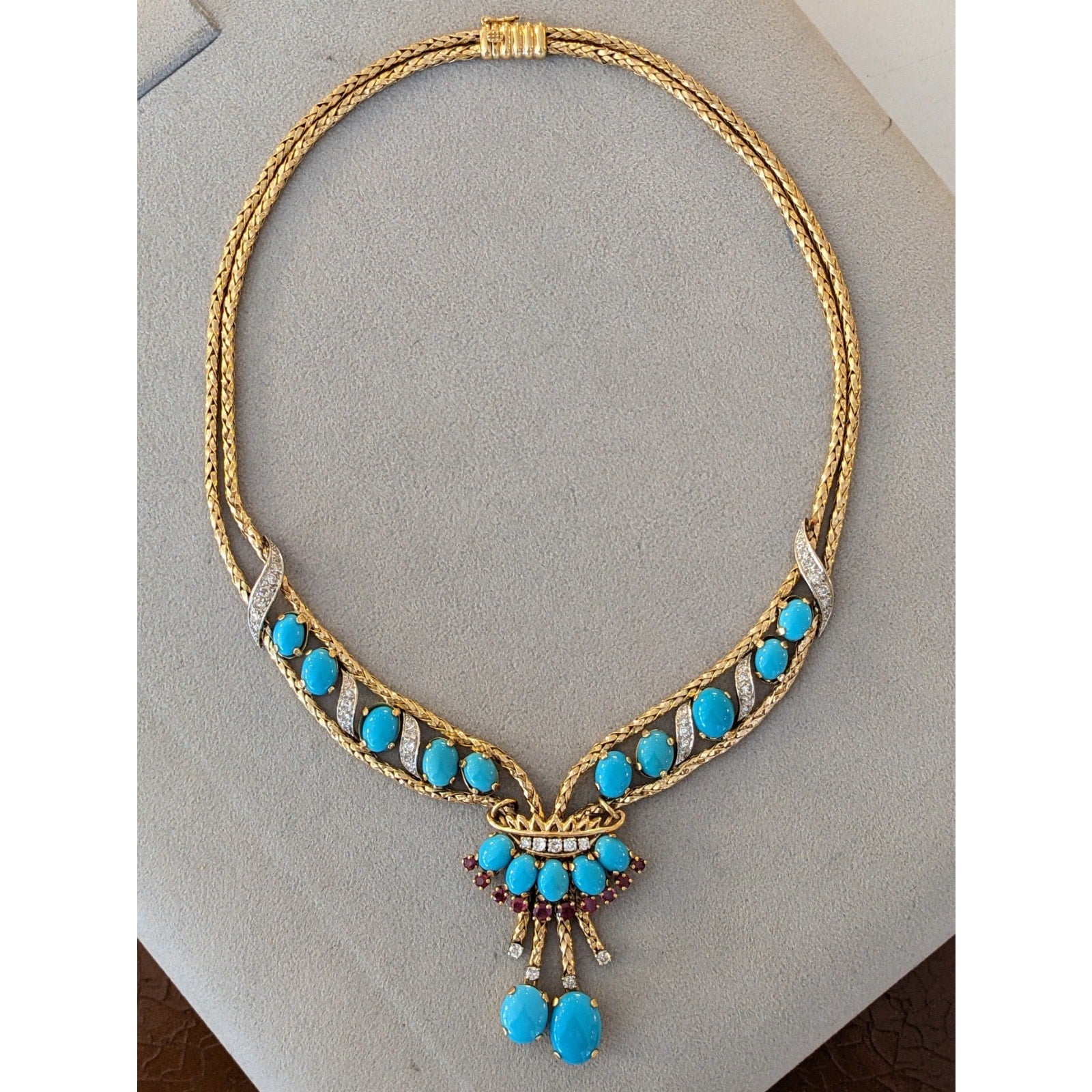 FRENCH Turquoise, Ruby, Diamond Necklace in 18k Yellow Gold / Platinum