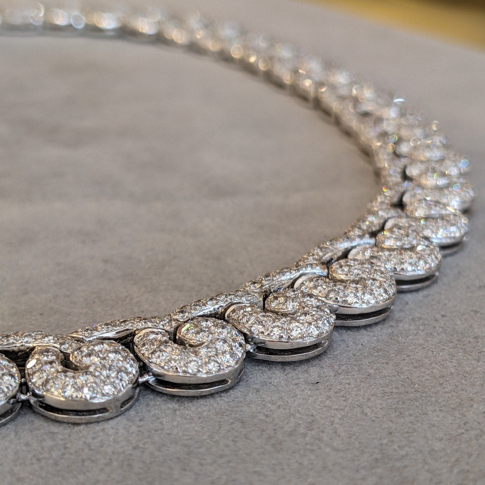 Pave Diamond Scroll Link Choker Necklace in 18k White Gold