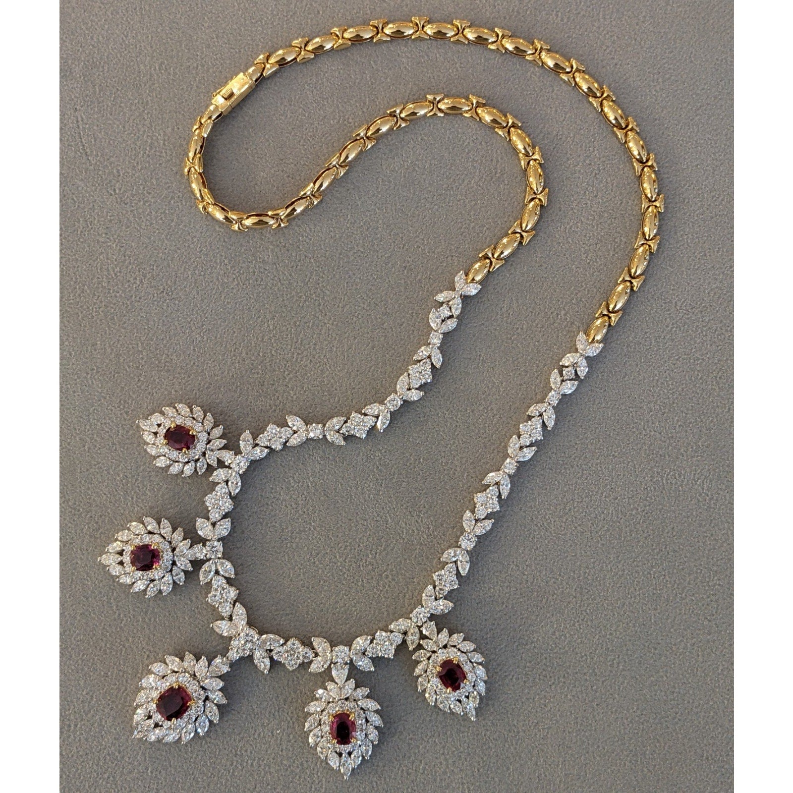 Vintage Drop Ruby and Diamond Necklace in 18k Yellow Gold