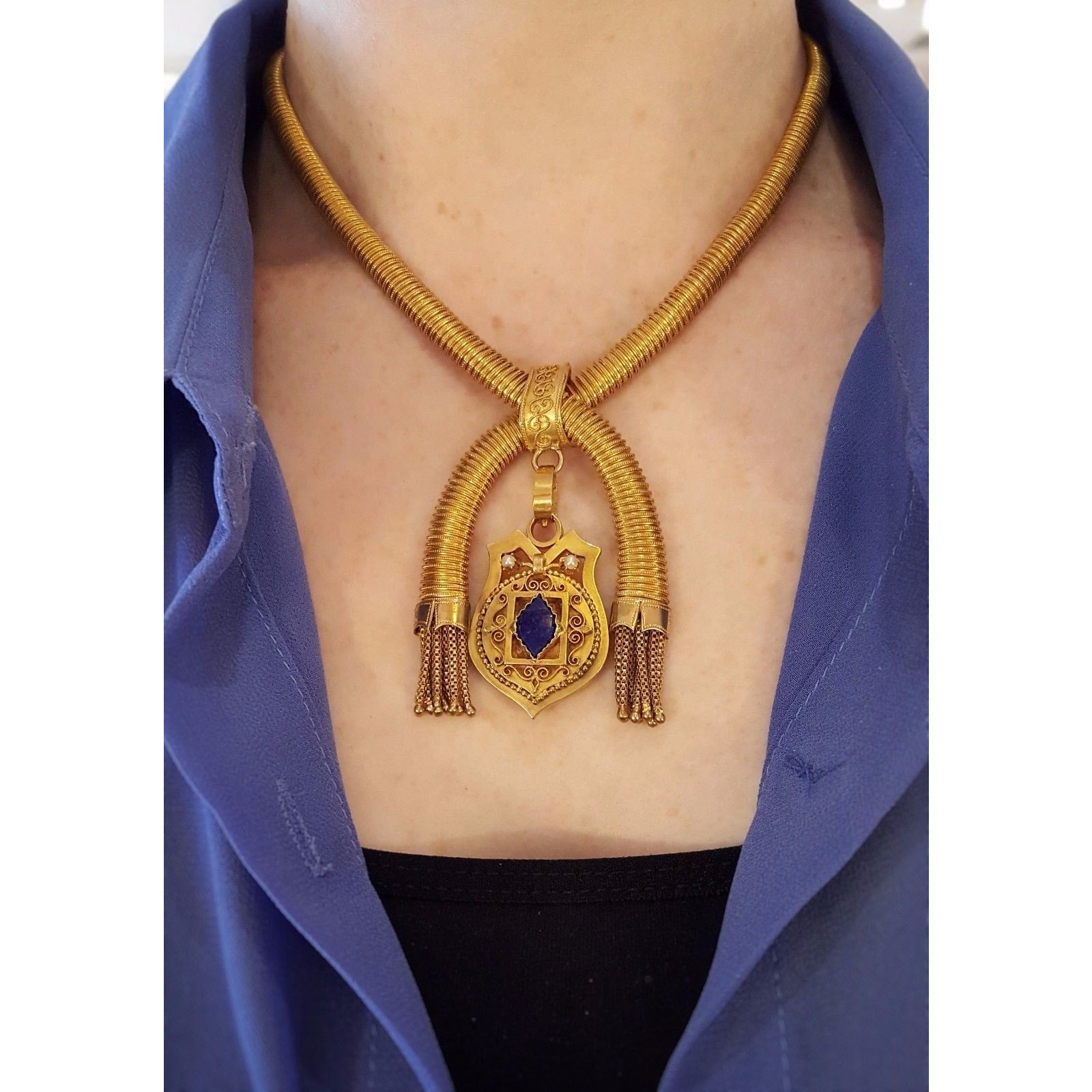 Victorian Coil Style Necklace with Tassel and Locket in 14k and 18k