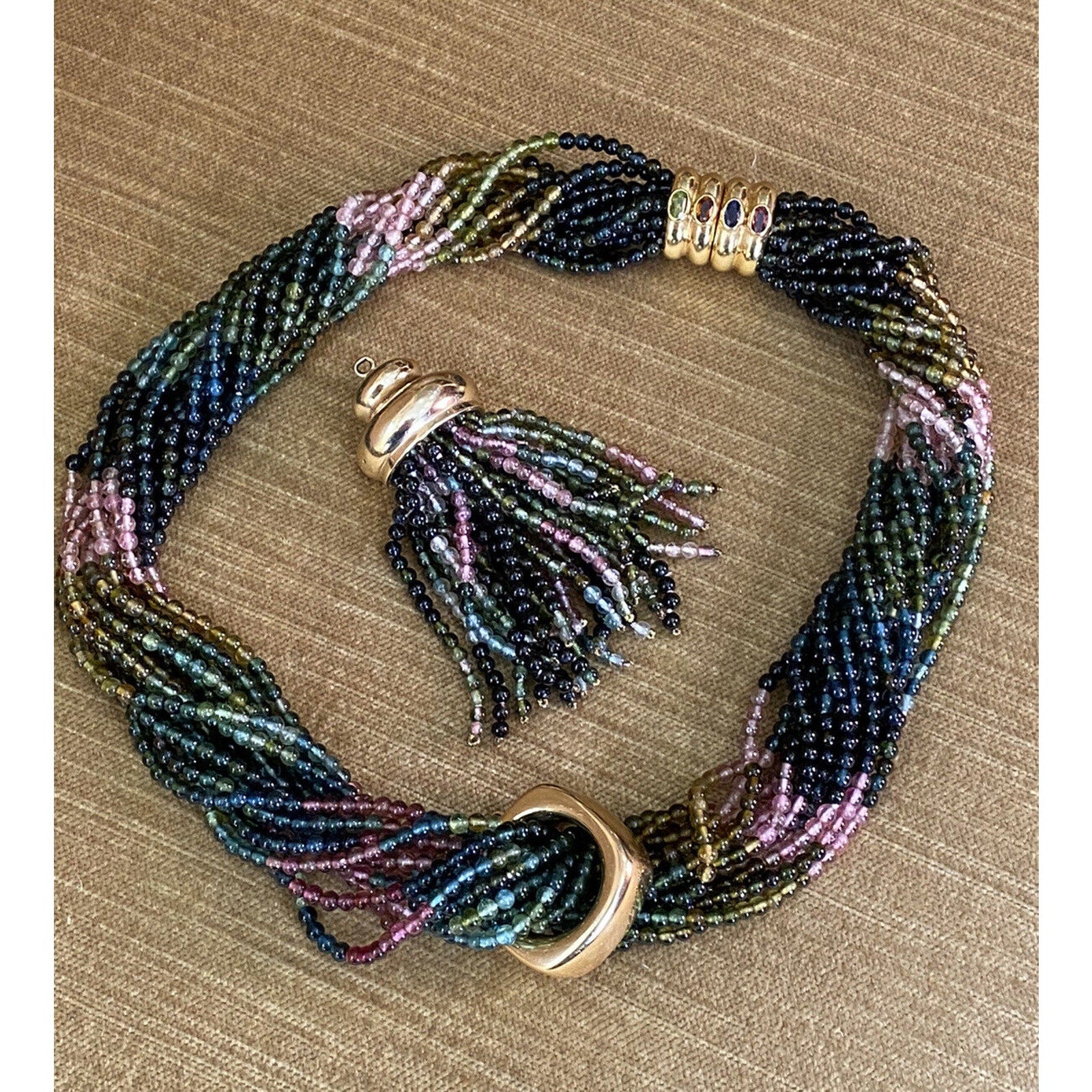 Multi-Strand Tourmaline Bead Necklace Detachable Tassel 18k Yellow Gold-HM2282AA