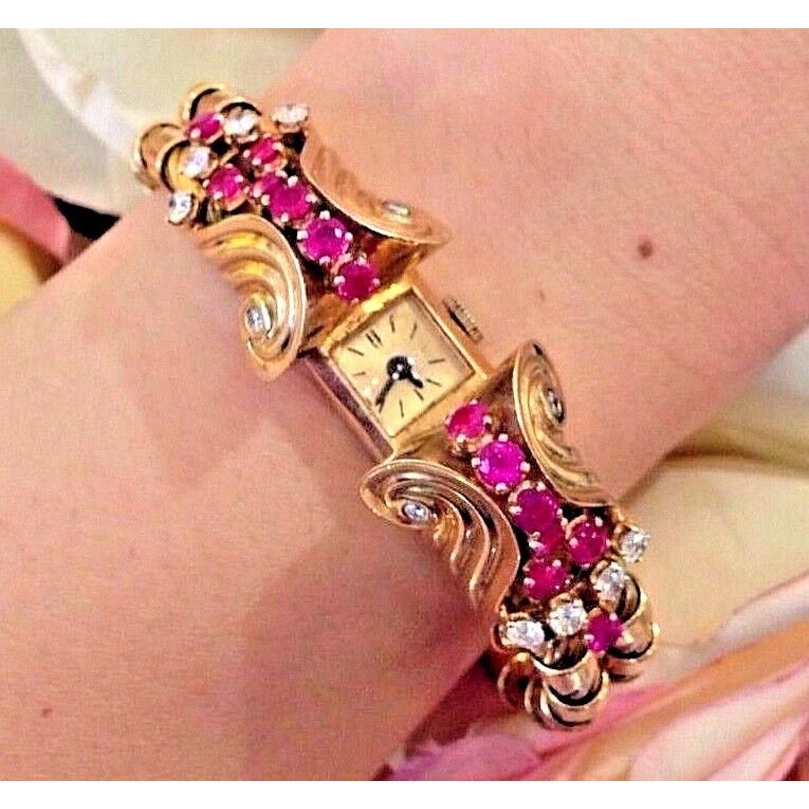 French Retro Ruby and Diamond Bracelet Watch in 18k Rose Gold