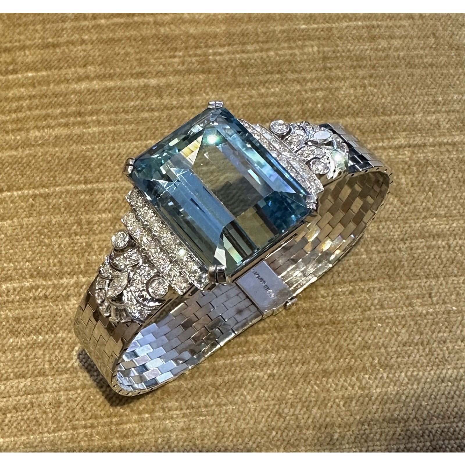 GIA Aquamarine 38.10 ct and Diamond Vintage Bracelet in Platinum and White Gold