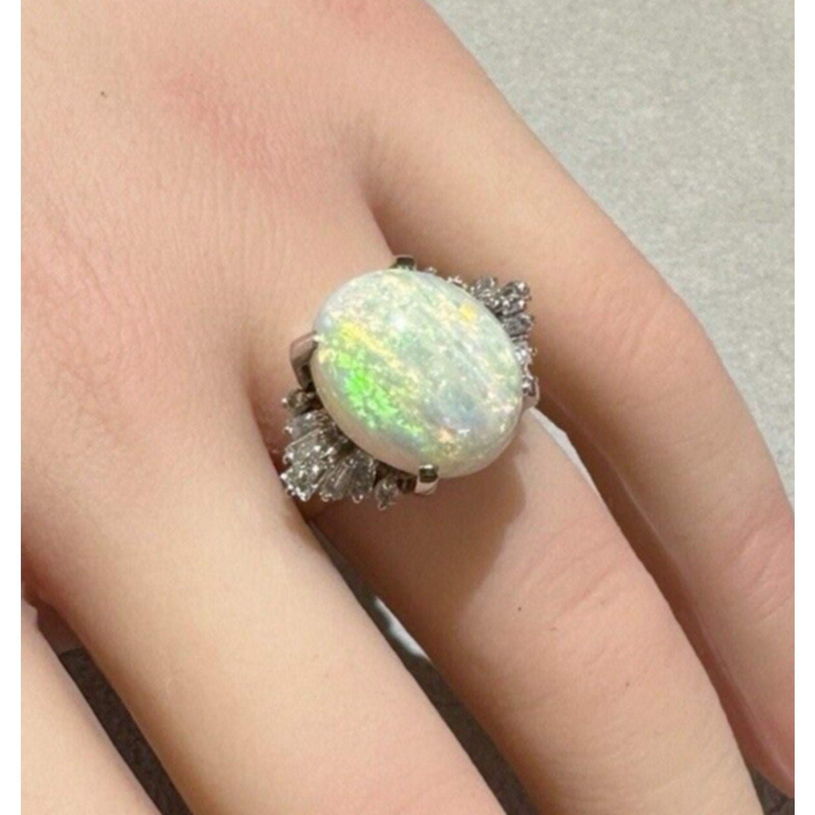 Natural 6.29 ct White Opal and Diamond Ring in Platinum