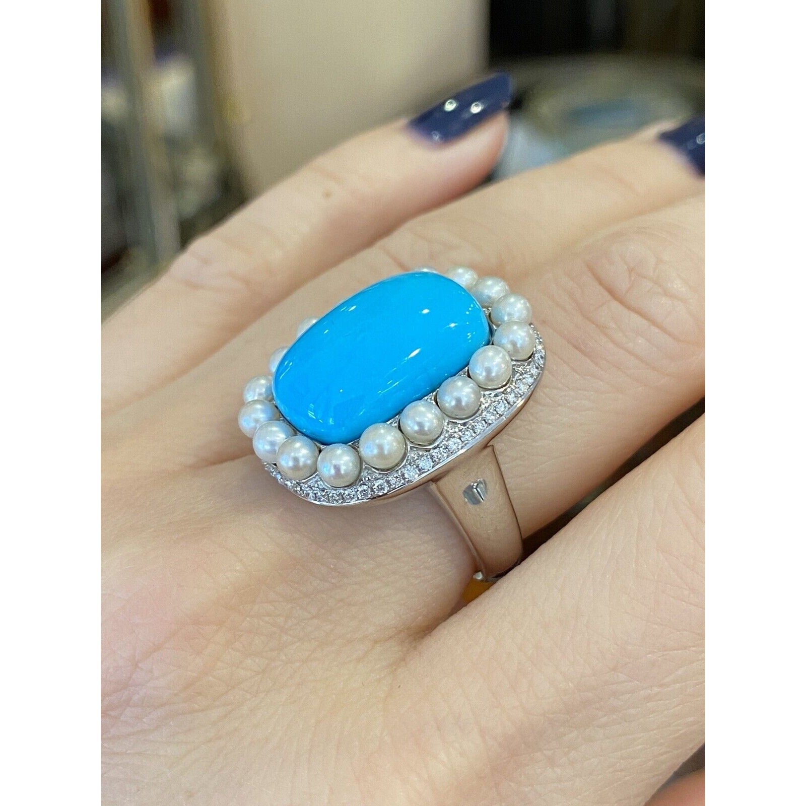 Turquoise, Pearl and Diamond Cocktail Ring in 18k White Gold