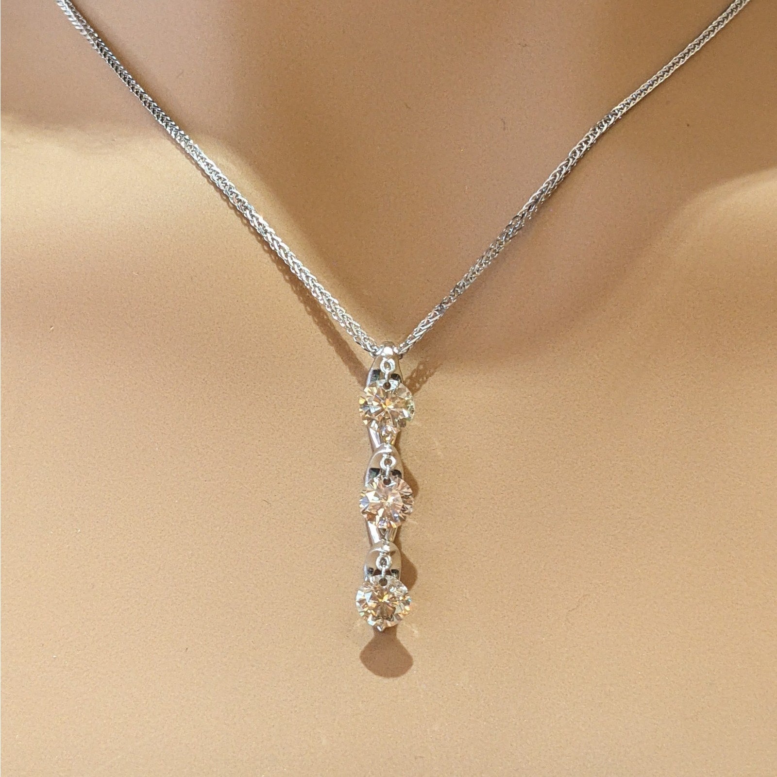 Three Champagne Diamond Drop Pendant Necklace in 18k White Gold