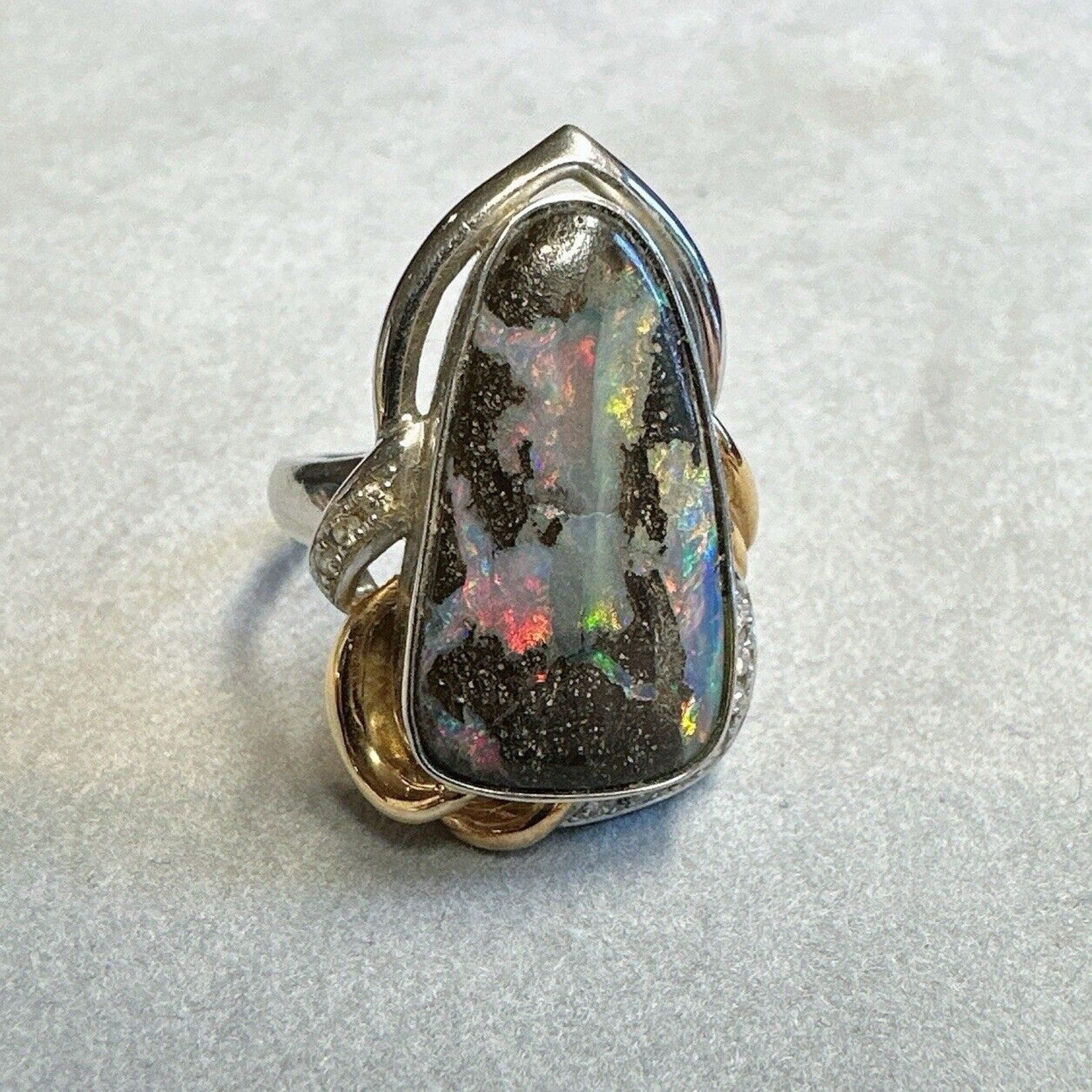Boulder Opal and Diamond Ring in 18k Yellow Gold and Platinum
