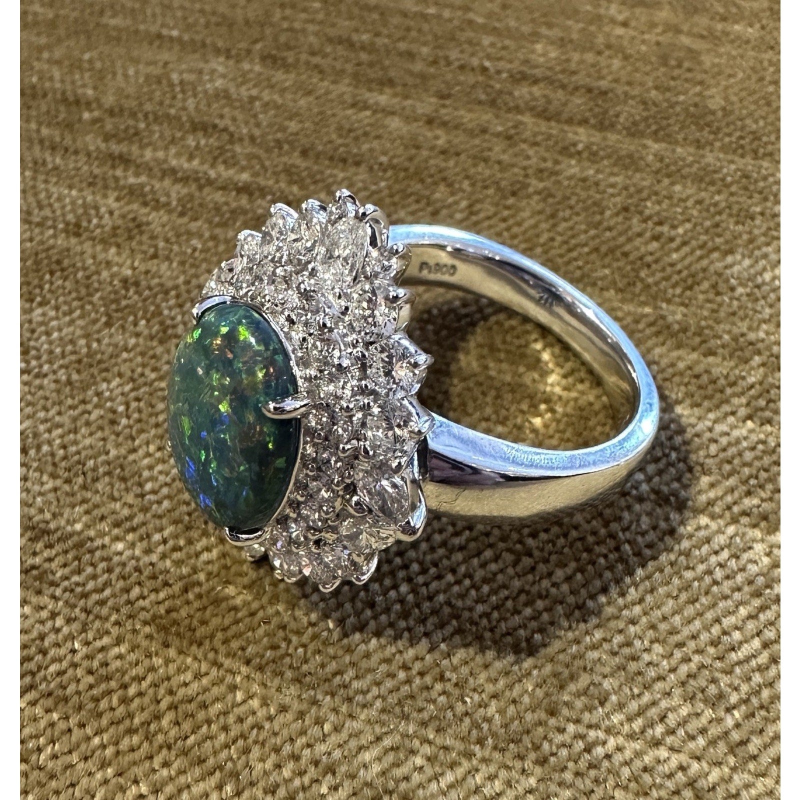 Natural Black Opal 2.53 ct and Diamond Cocktail Ring in Platinum