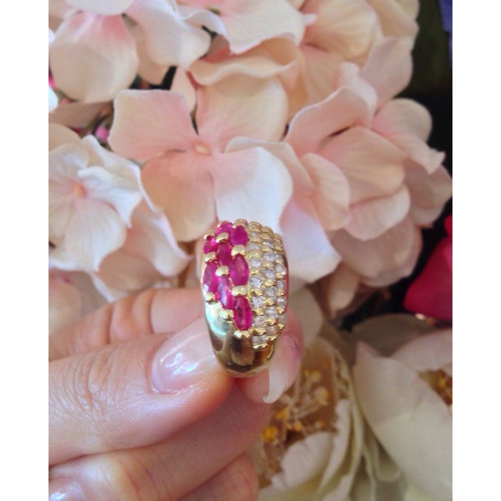 Marquise Ruby and Round Diamond Band Ring in 18K Yellow Gold
