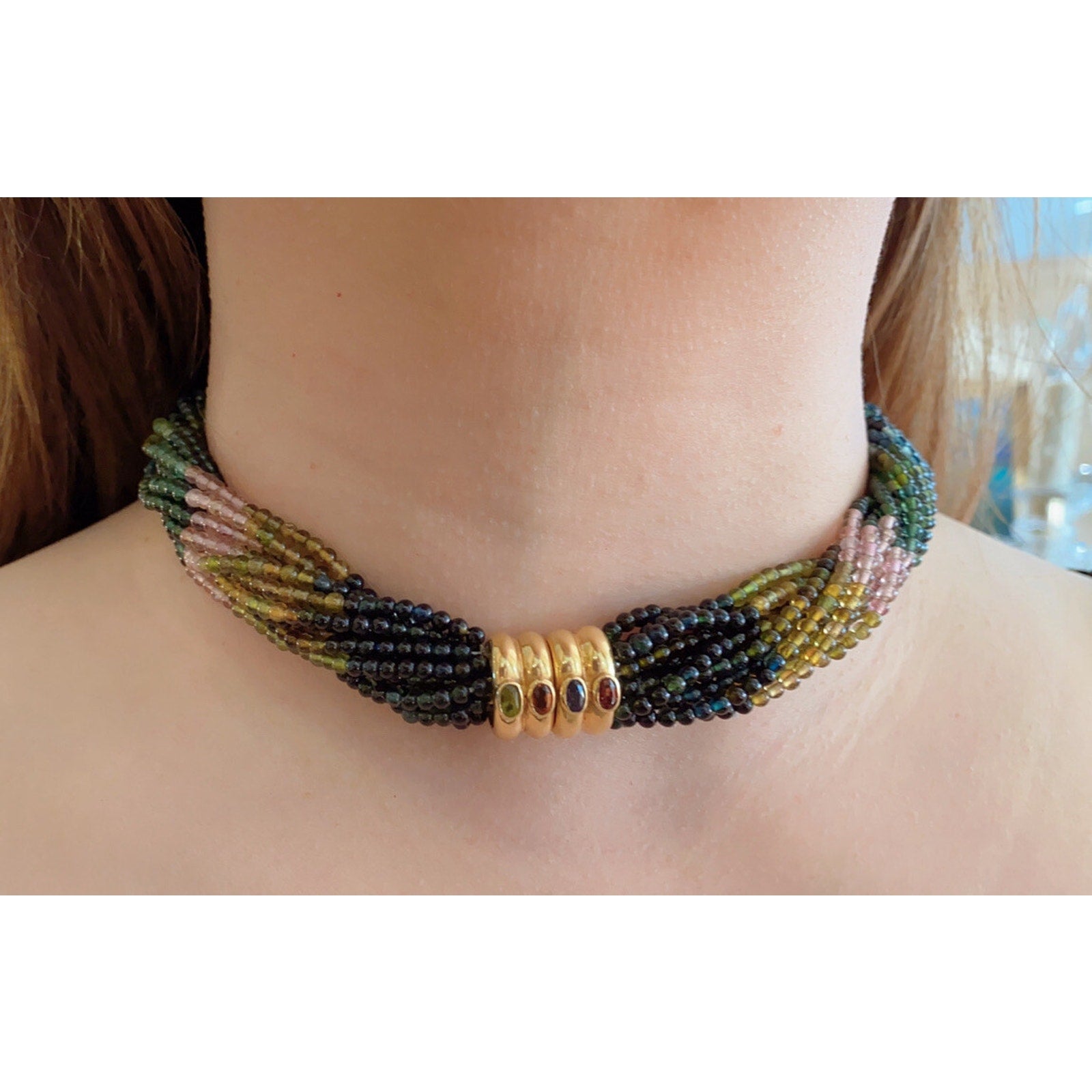 Multi-Strand Tourmaline Bead Necklace Detachable Tassel 18k Yellow Gold