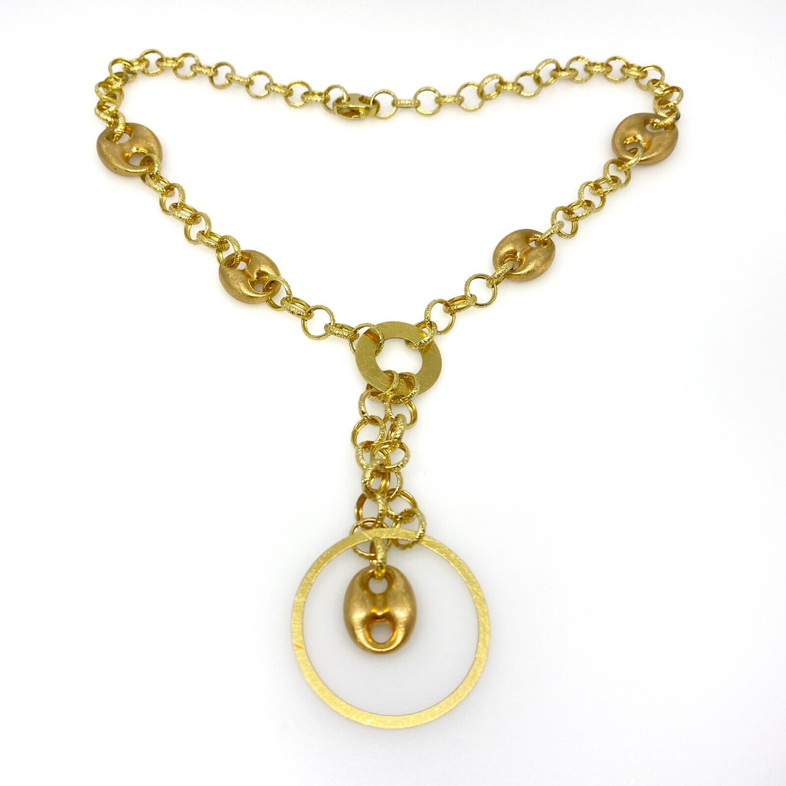 18k YG Textured Open Link Chain Necklace with Drop Pendant