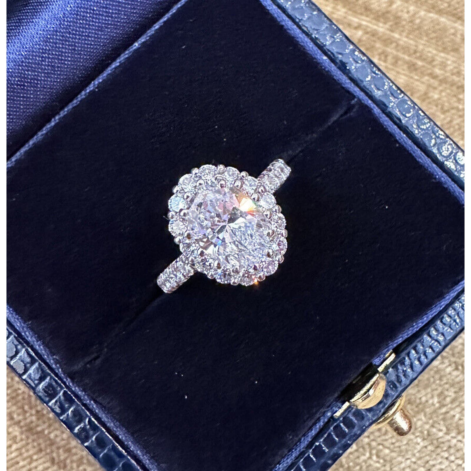 GIA 1.38 ct Oval Shape Diamond in JB Star Diamond Halo Platinum Setting- HM2435N