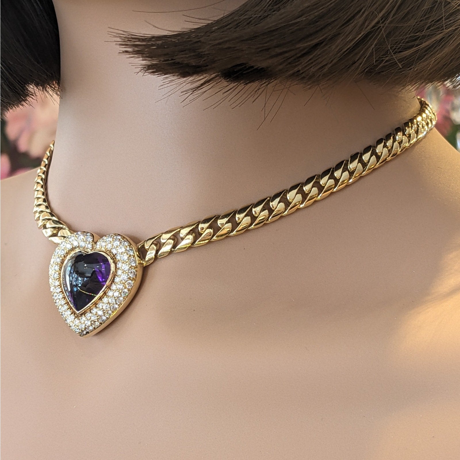 Heart Amethyst and Diamond Pendant Choker Necklace in 18k Yellow Gold