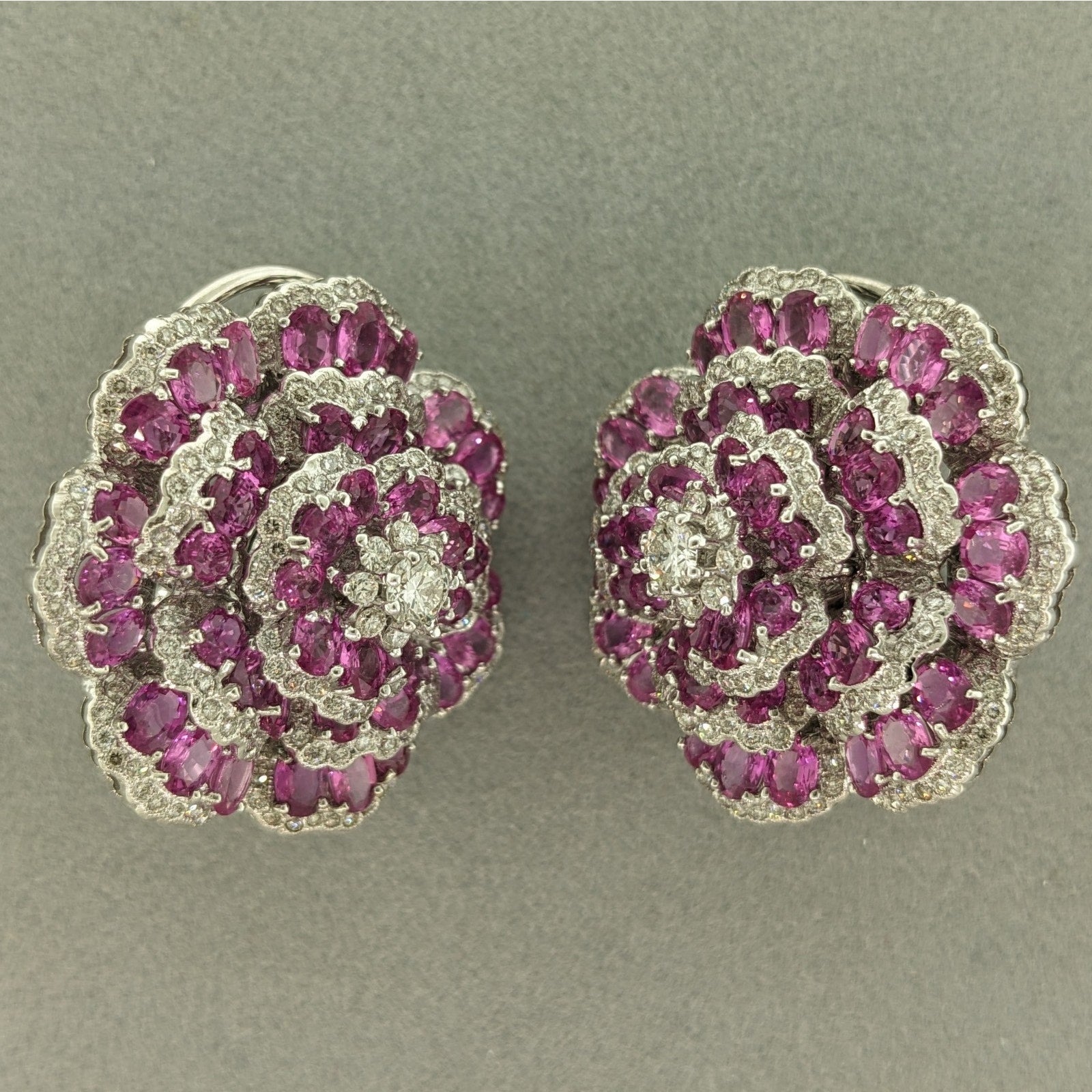 Pink Sapphire and Diamond Tiered Flower Earrings in 18k White Gold