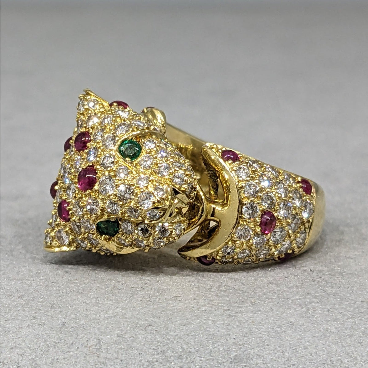 Pave Diamond and Ruby Panther Wrap Ring in 18k Yellow Gold