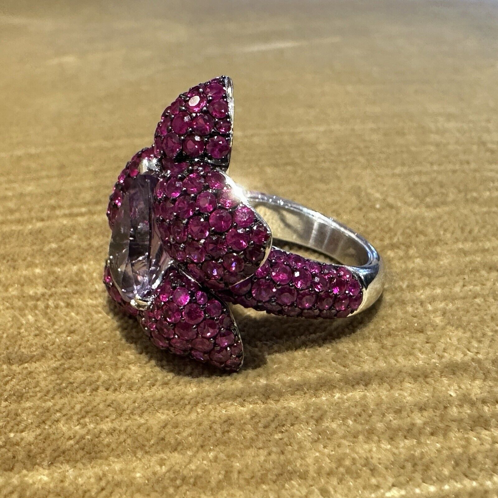 Ruby and Amethyst Flower Cocktail Ring in 18k White Gold