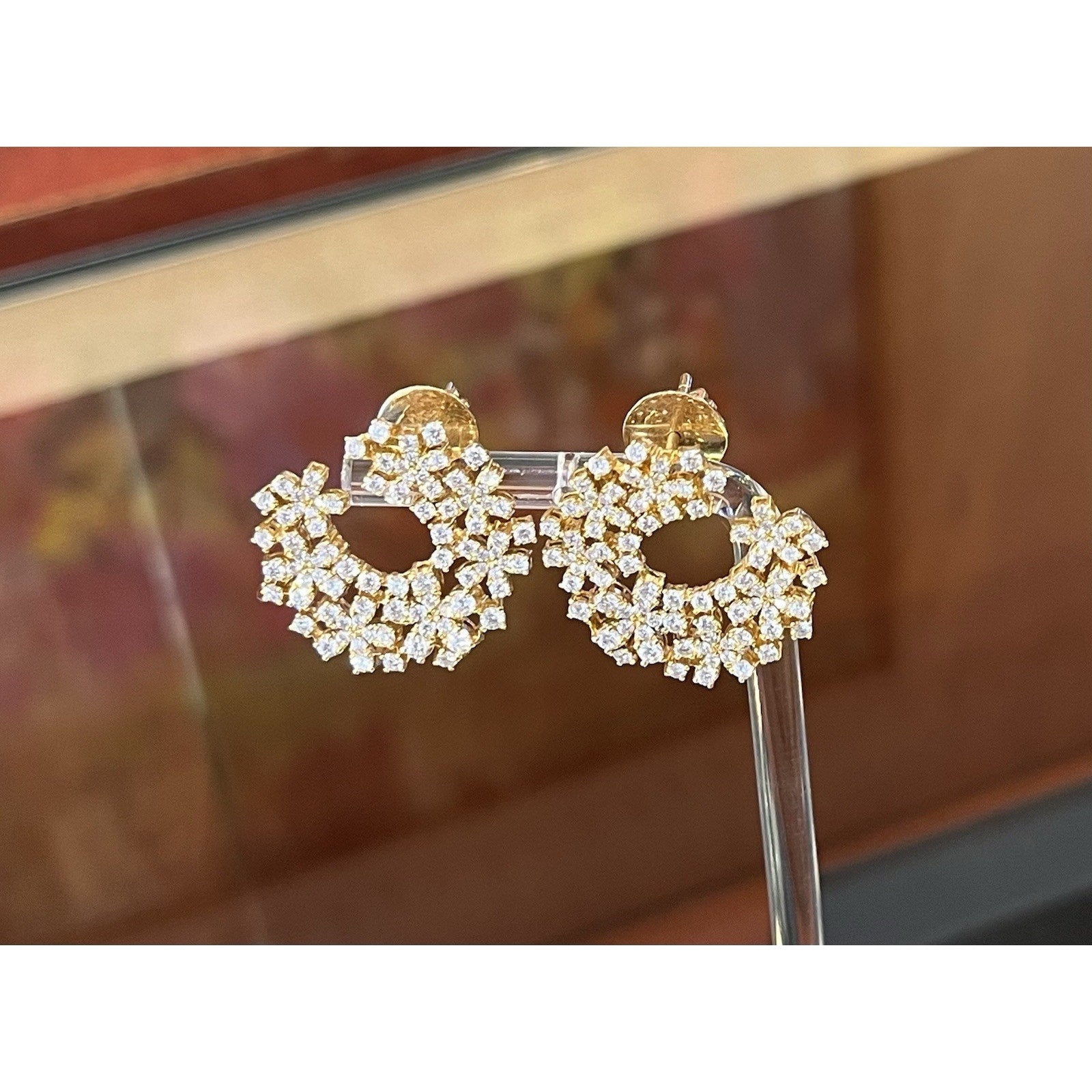 Diamond Crescent Earrings with Floret Motif in 18k Yellow Gold