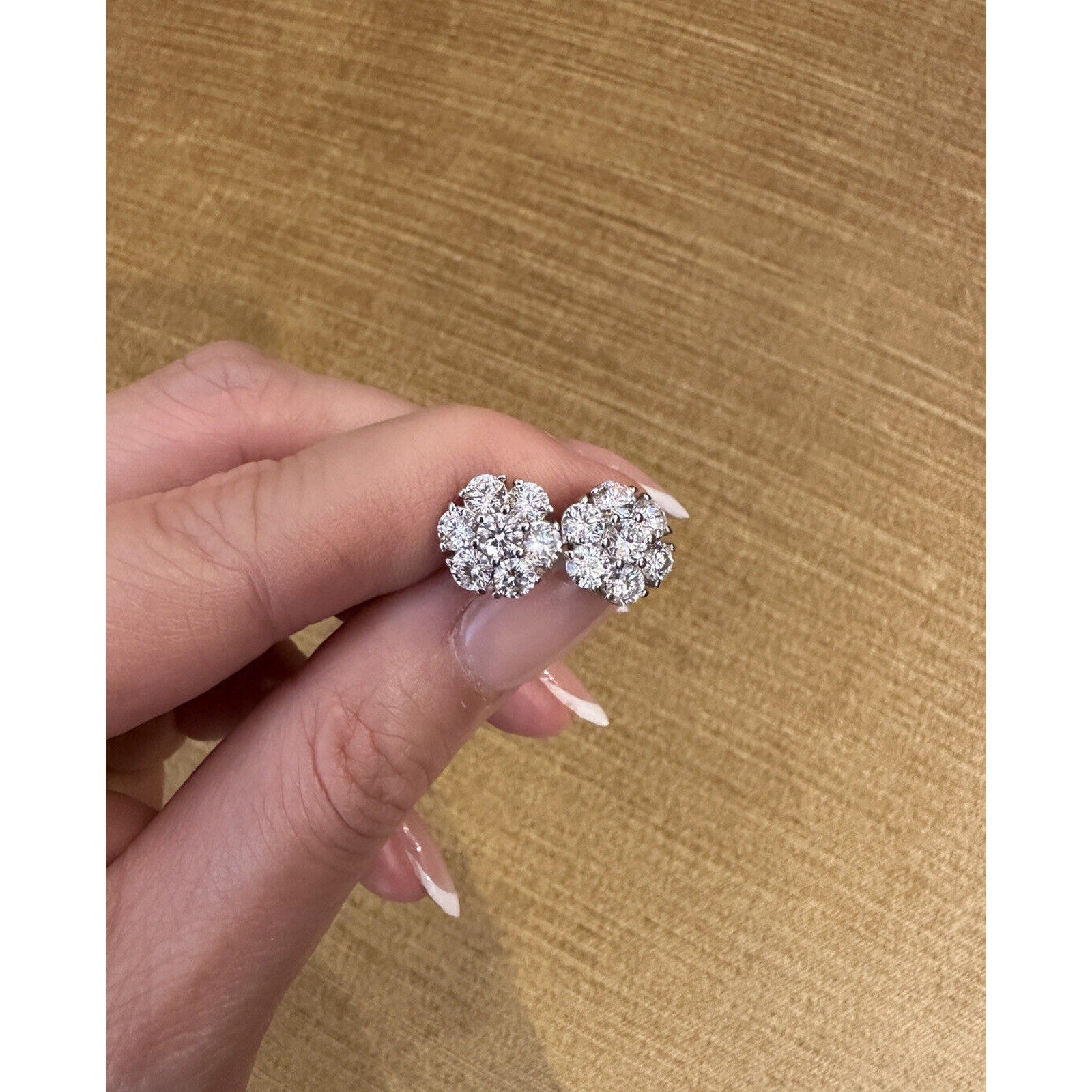 Diamond Floret Cluster Stud Earrings 3.10 cttw in 14k White Gold