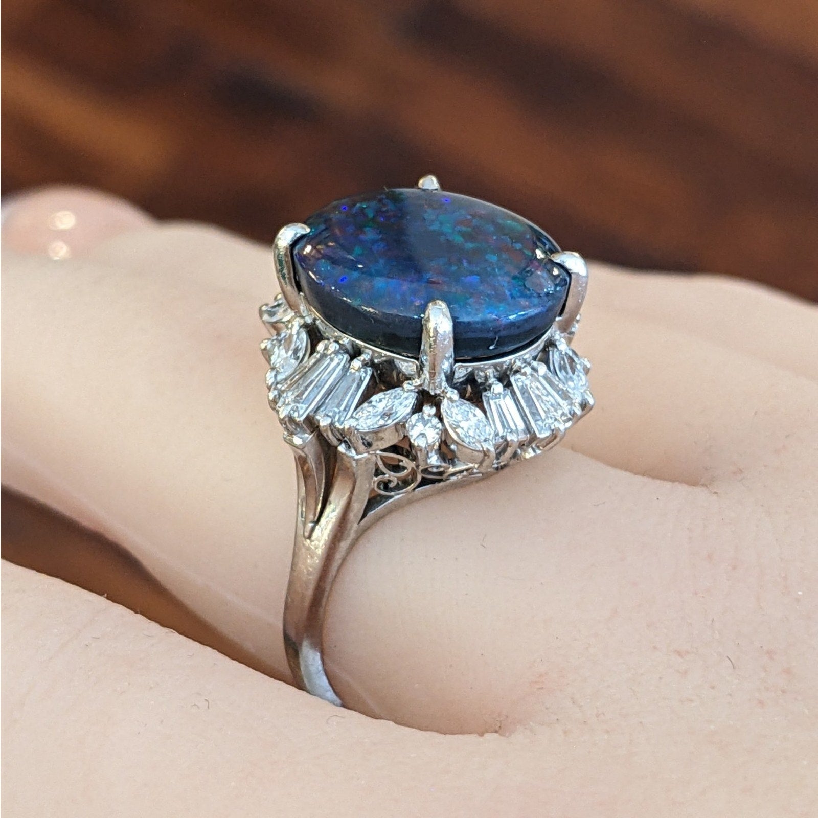 Natural 6.67 ct Black Opal & Diamond Ring in Platinum