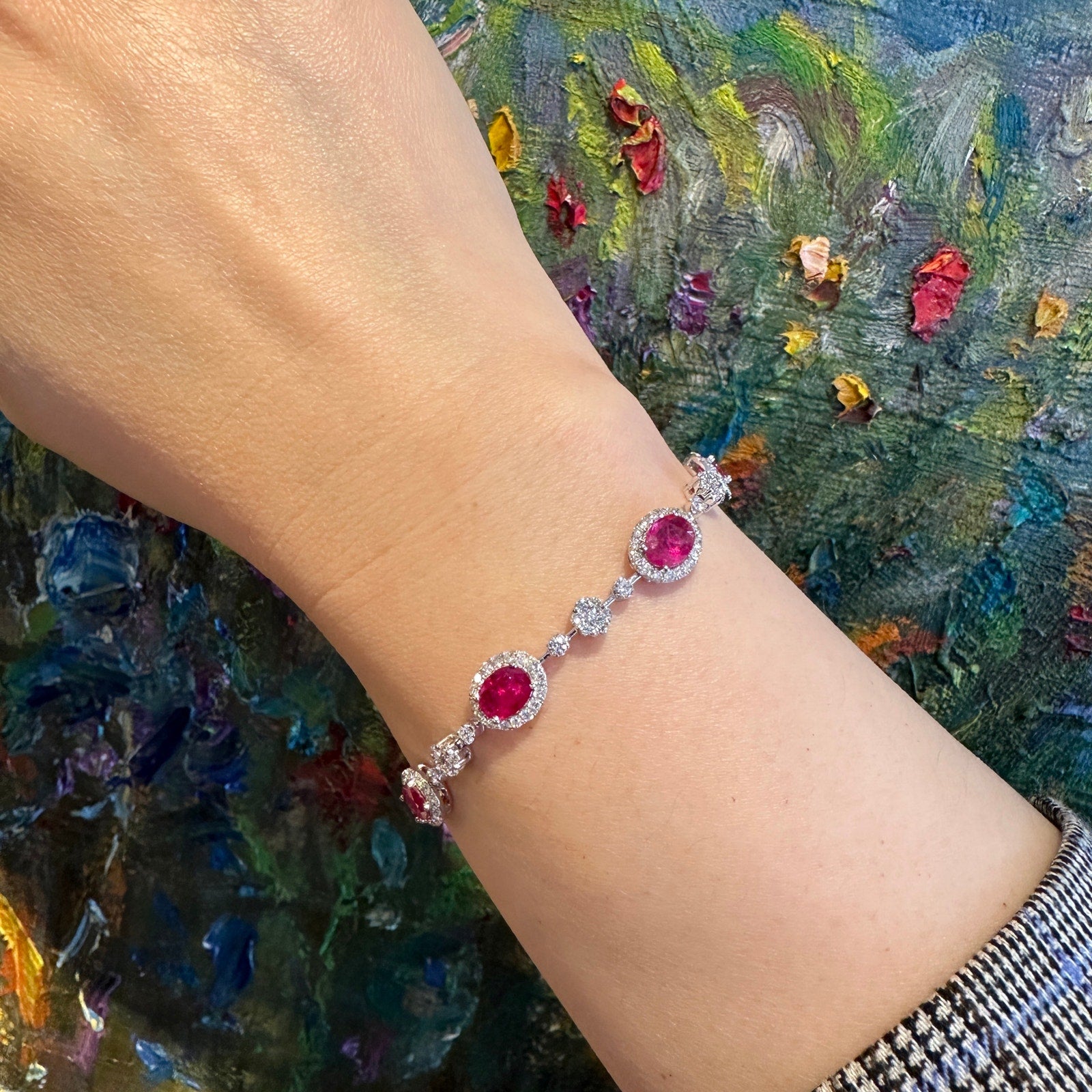 Ruby and Diamond Floret Link Bracelet in 18k White Gold