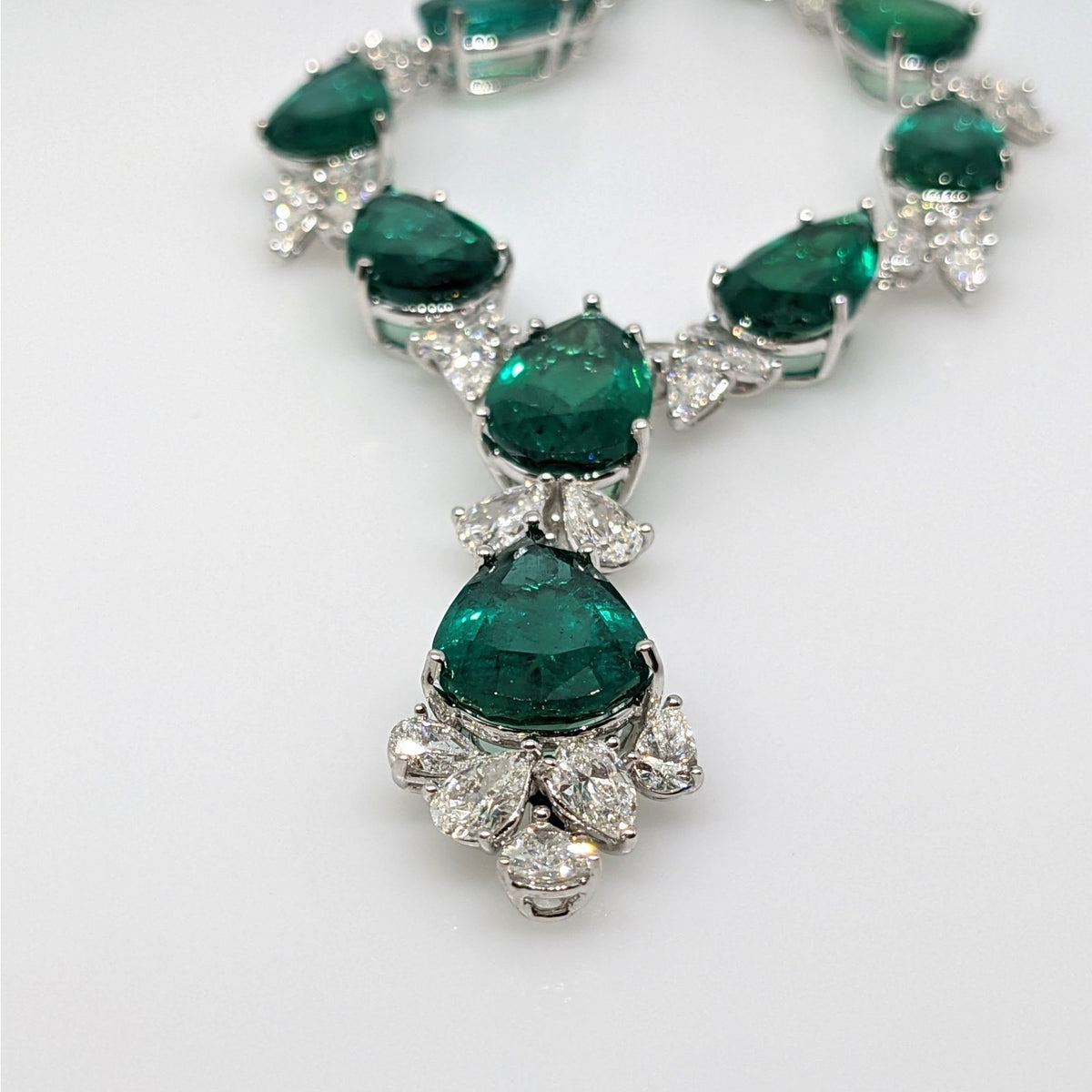AGL Pear Emerald & Diamond Necklace Earrings Set in 18k White Gold